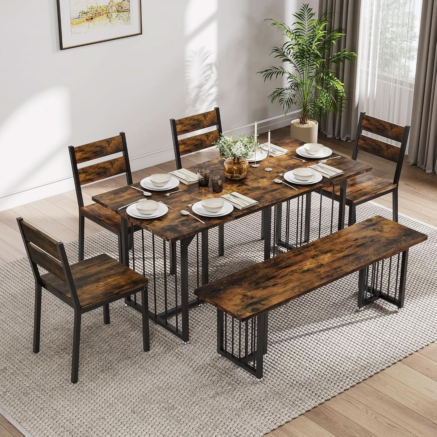 63 Inches Luxurious Farmhouse Dining Table Set Walnut