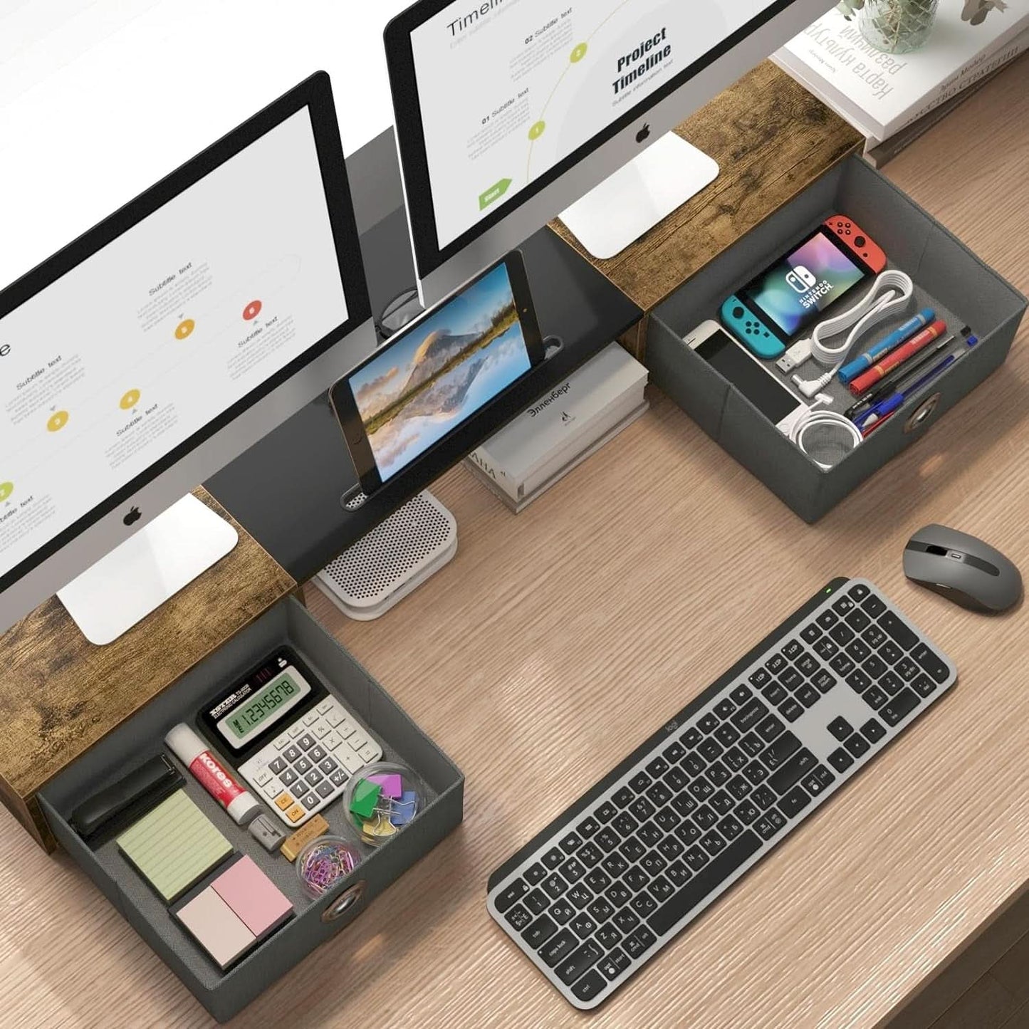 Dual Monitor Stand Riser For Two Monitors With Two Drawers