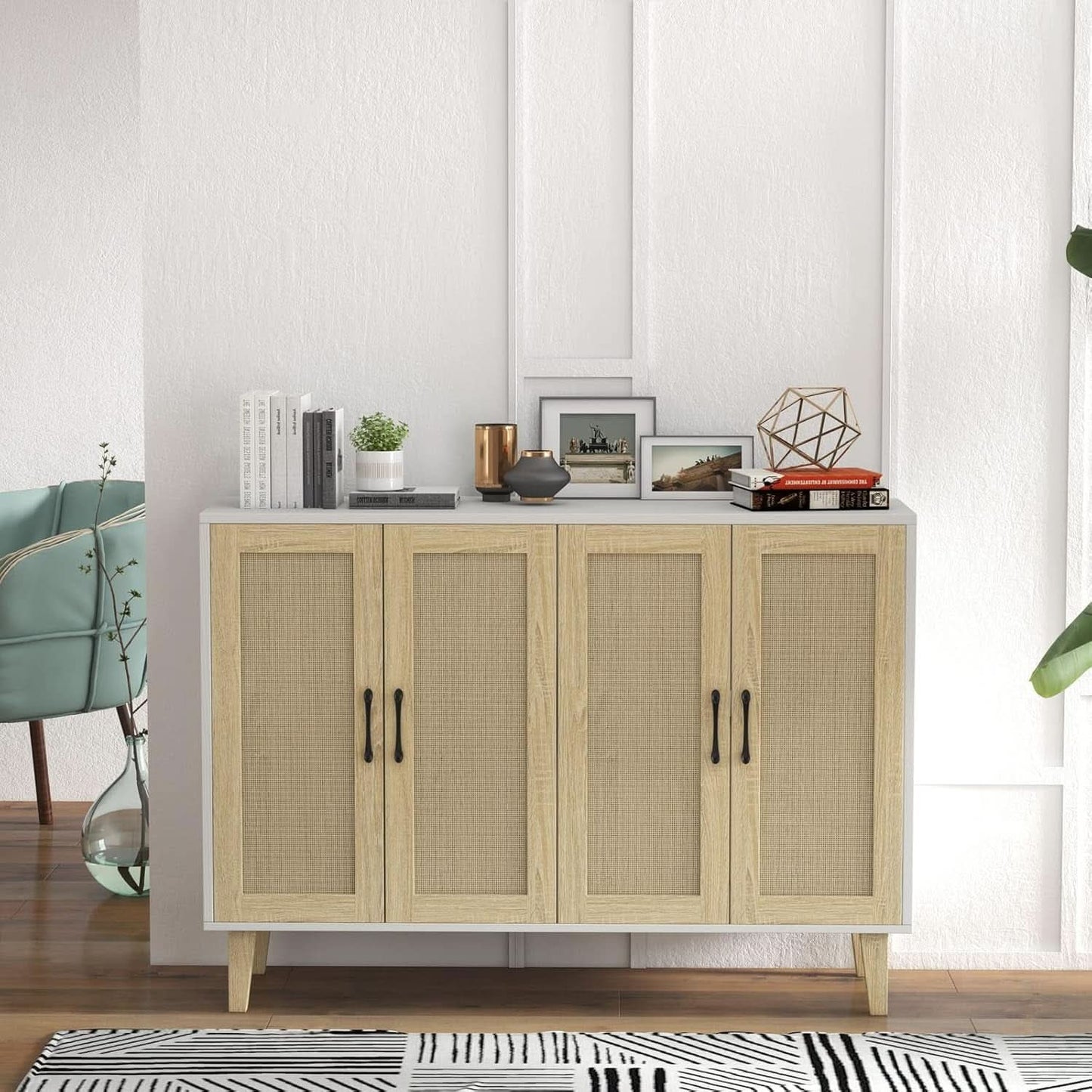 Buffet Storage Cabinet White Rattan Decor 4 Doors 48 Inch