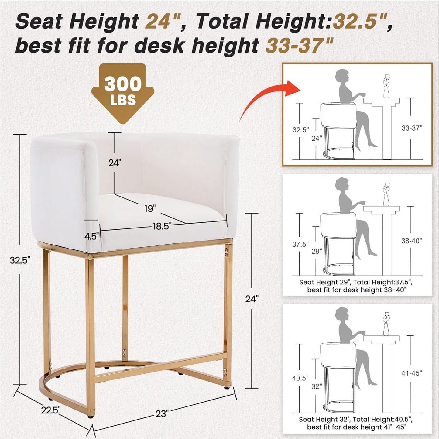 Counter Height Bar Stools Set Of 2 Ivory Velvet 24 Inch