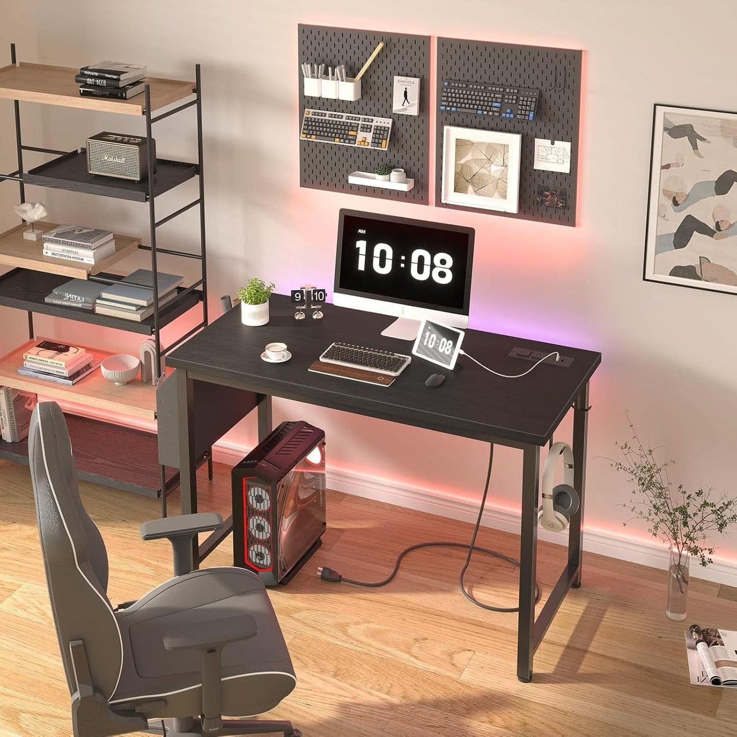 39 Inch Computer Desk With Built In Power Outlet And USB Charging Ports