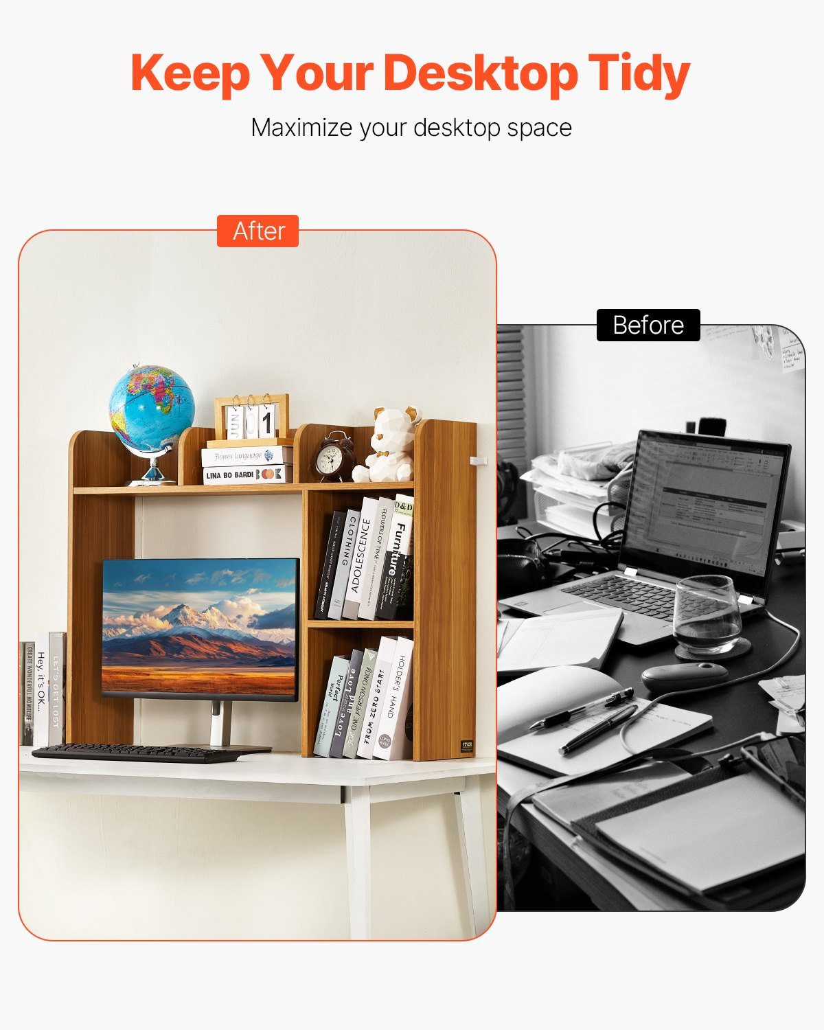 Desktop Bookshelf, 2-Tier Wood Desktop Storage Organizer, 37.2in x