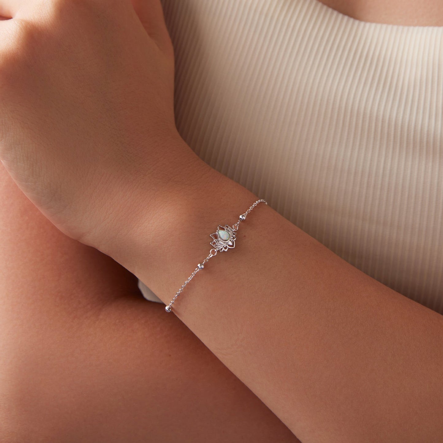 925 Sterling Silver White Gold Plated Bracelet with Synthetic Opal - Length 15+6cm for Women