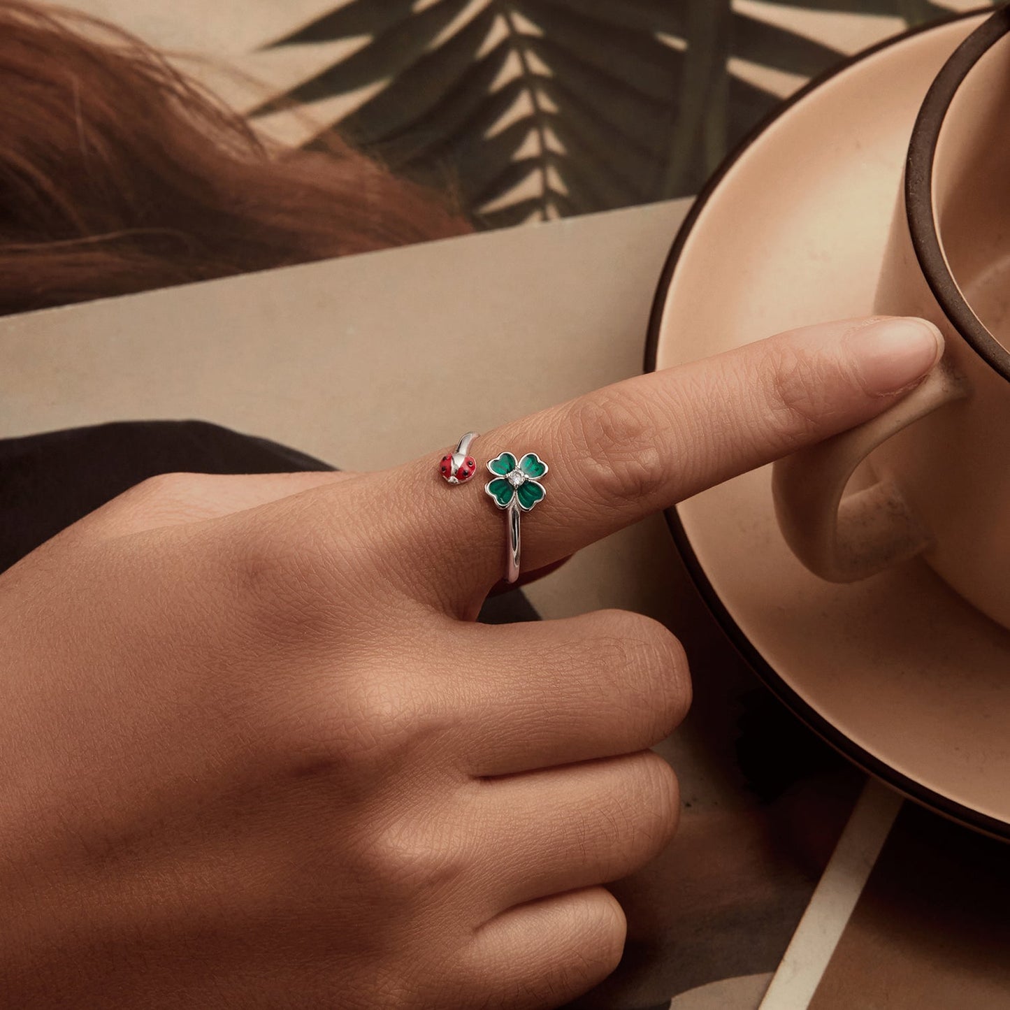925 Sterling Silver Ladybug Four-leaf Clover Ring for Women