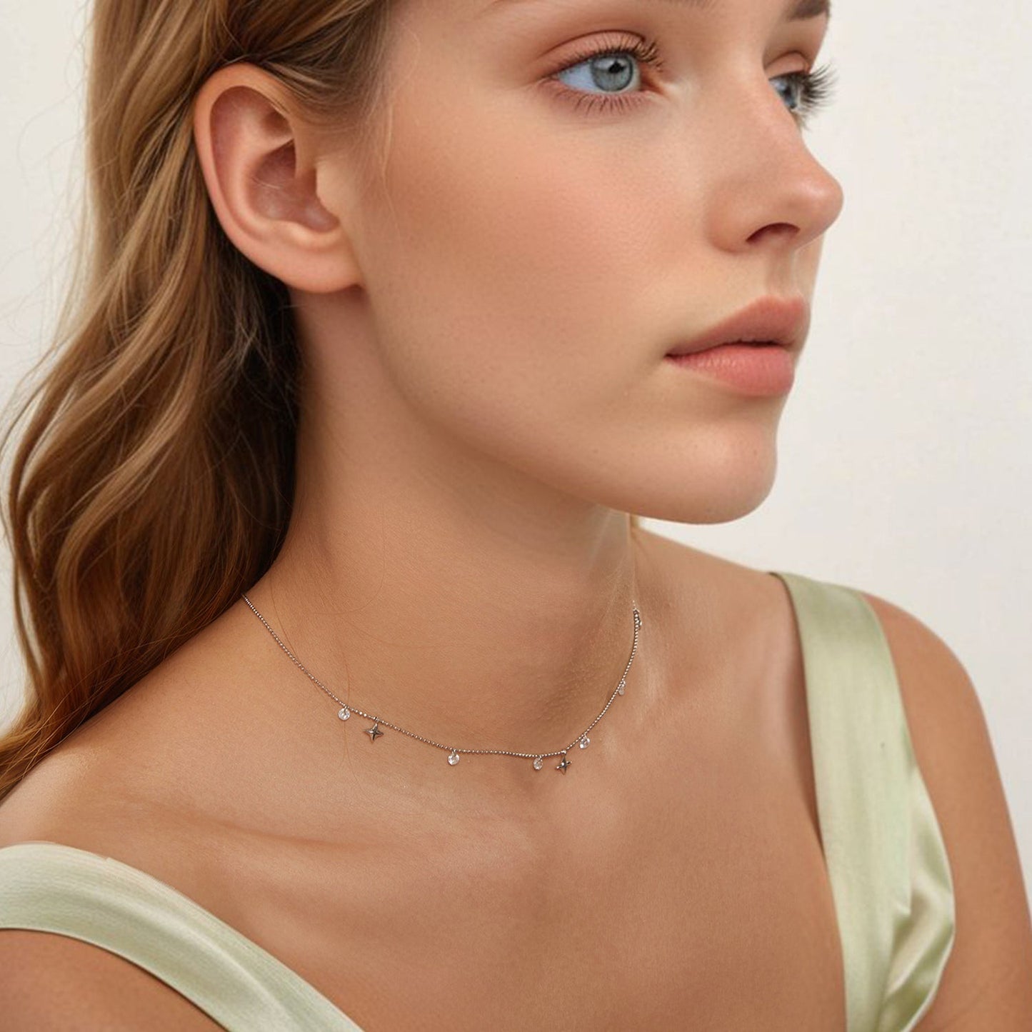 925 Sterling Silver Plated White Gold Pendant Necklace with CZ Charm for Women 38+6cm