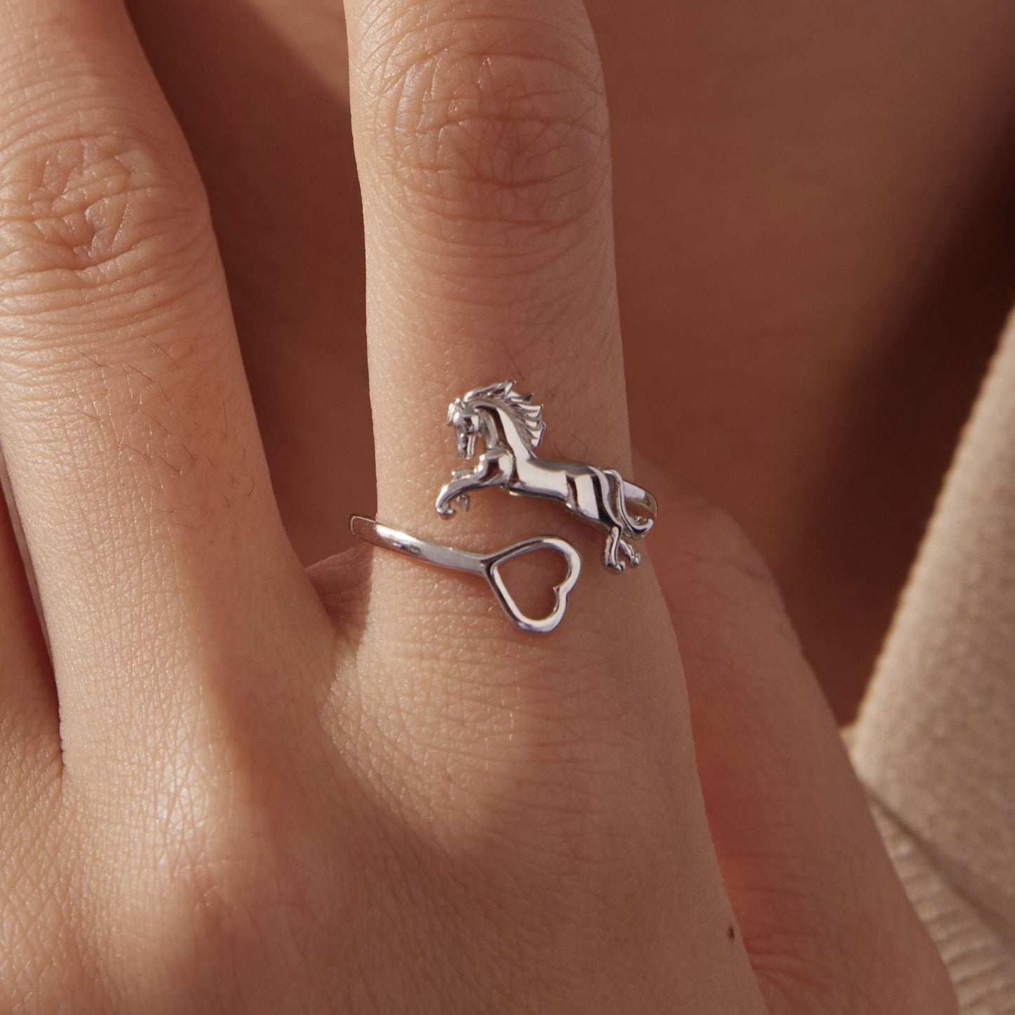 925 Sterling Silver + Plated White Gold Horse Ring