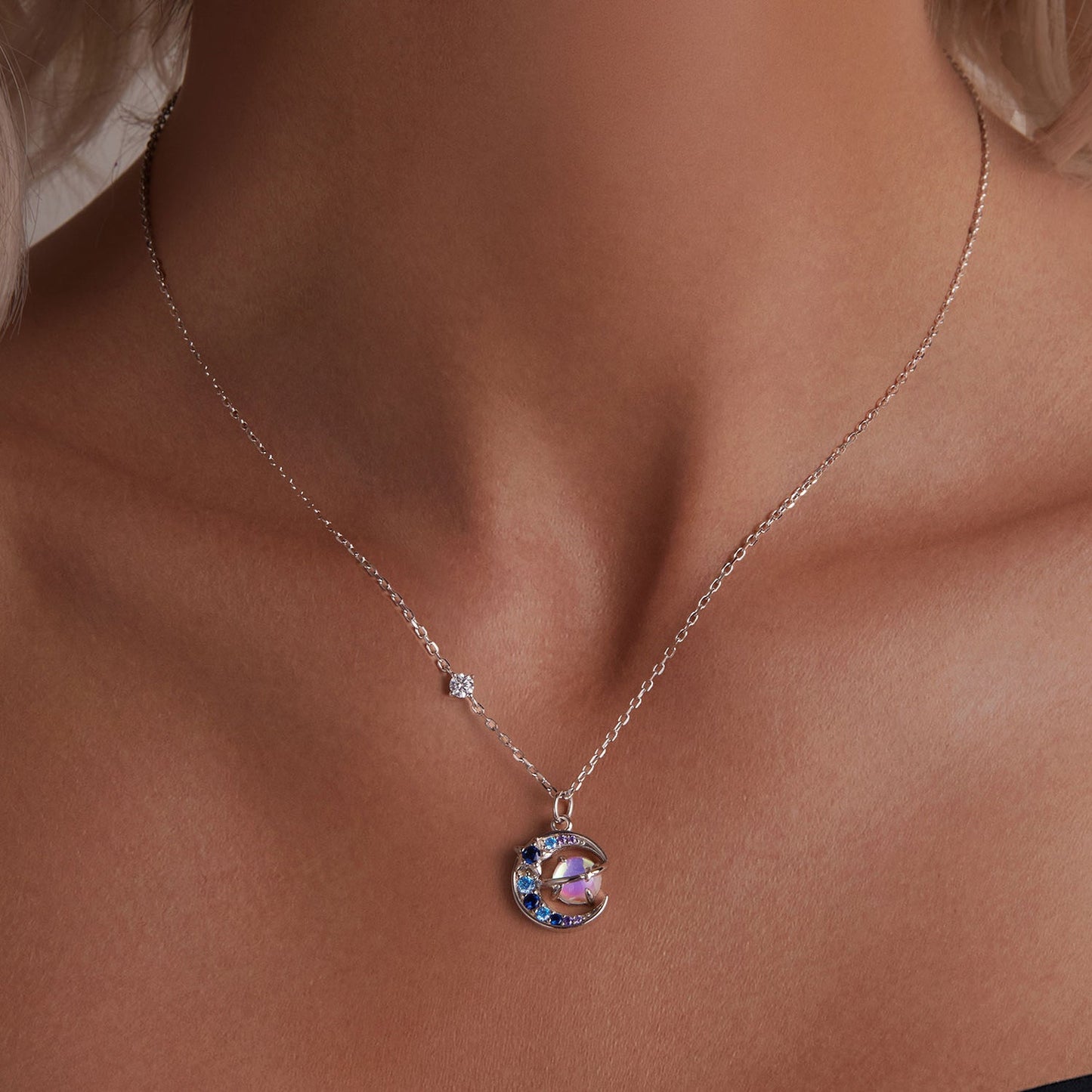 925 Sterling Silver Necklace with Pavé CZ & Transparent Glass Pendant for Women