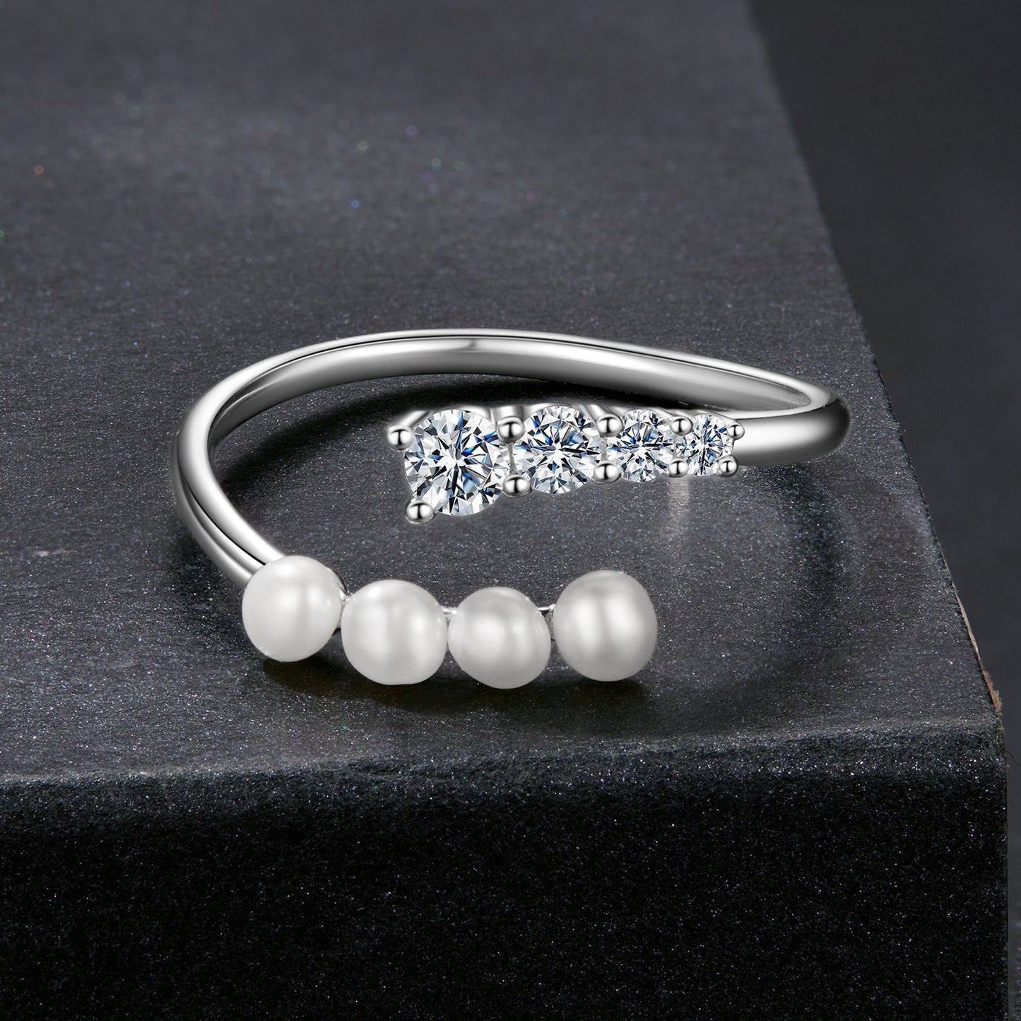 925 Sterling Silver Moissanite & Freshwater Pearl Ring, White Gold Plated, Size E for Women