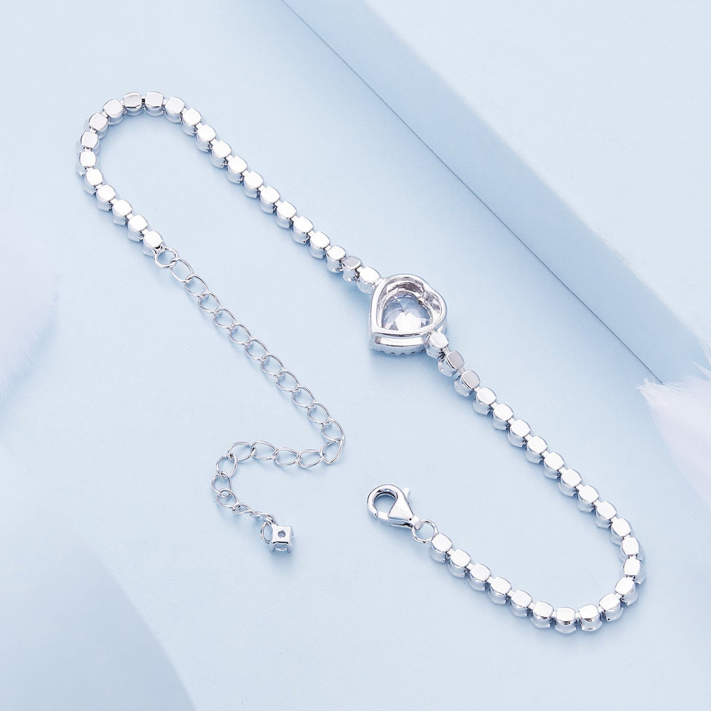 925 Sterling Silver Bracelet with CZ Zircon, 15+6.5cm, Platinum Plated for Women