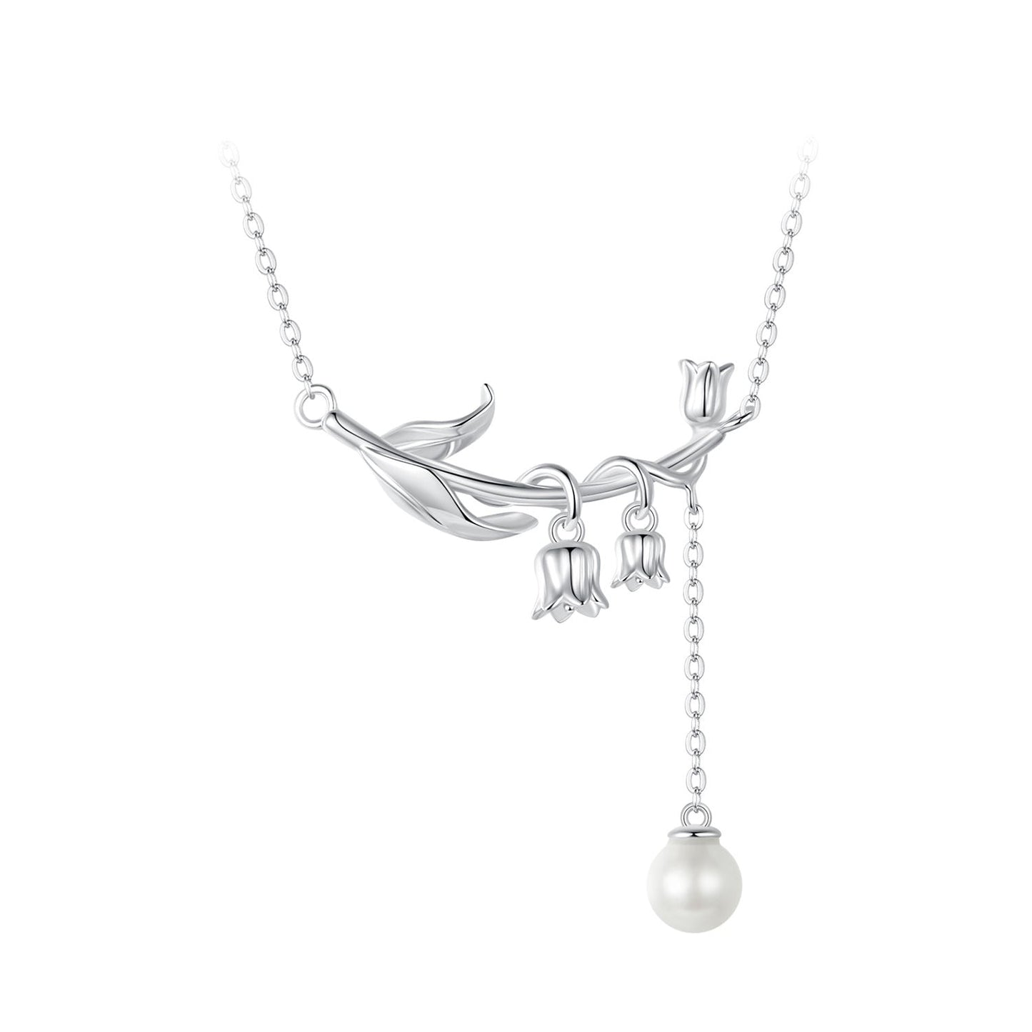 925 Sterling Silver Necklace with Quality Shell Pearl & Platinum Plating, 380mm Length for Women