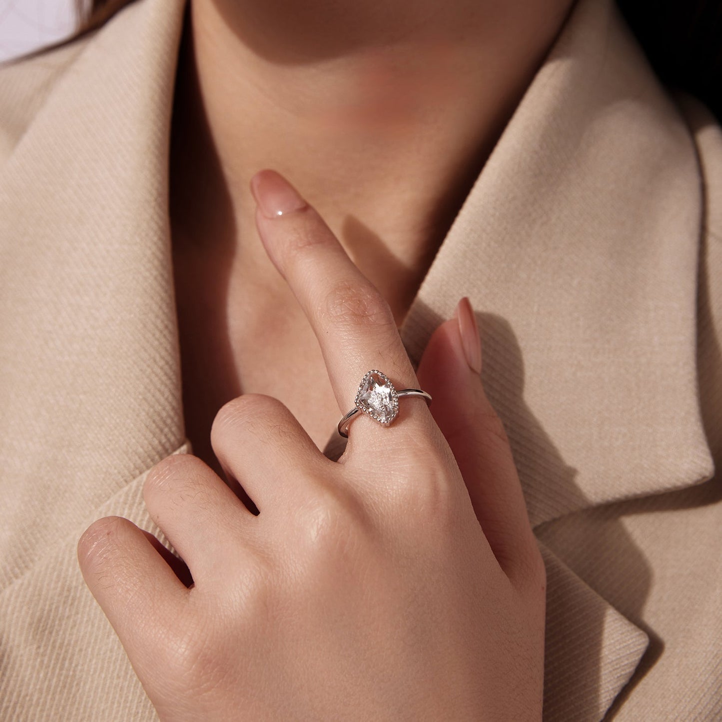 925 Sterling Silver Ring with Transparent Glass and CZ, 0.15cm Width, for Women