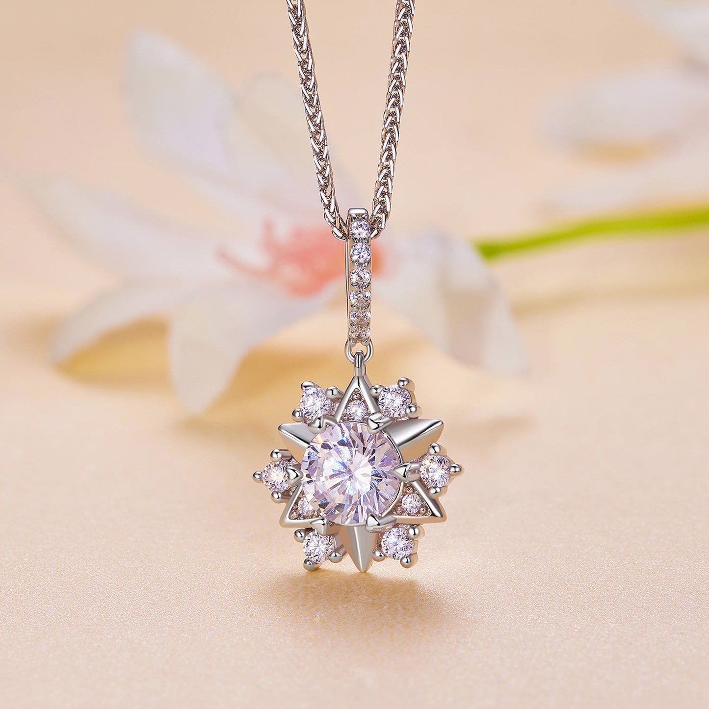 925 Sterling Silver Moissanite Necklace with Pavé Setting, 45cm, Platinum Plated, Women