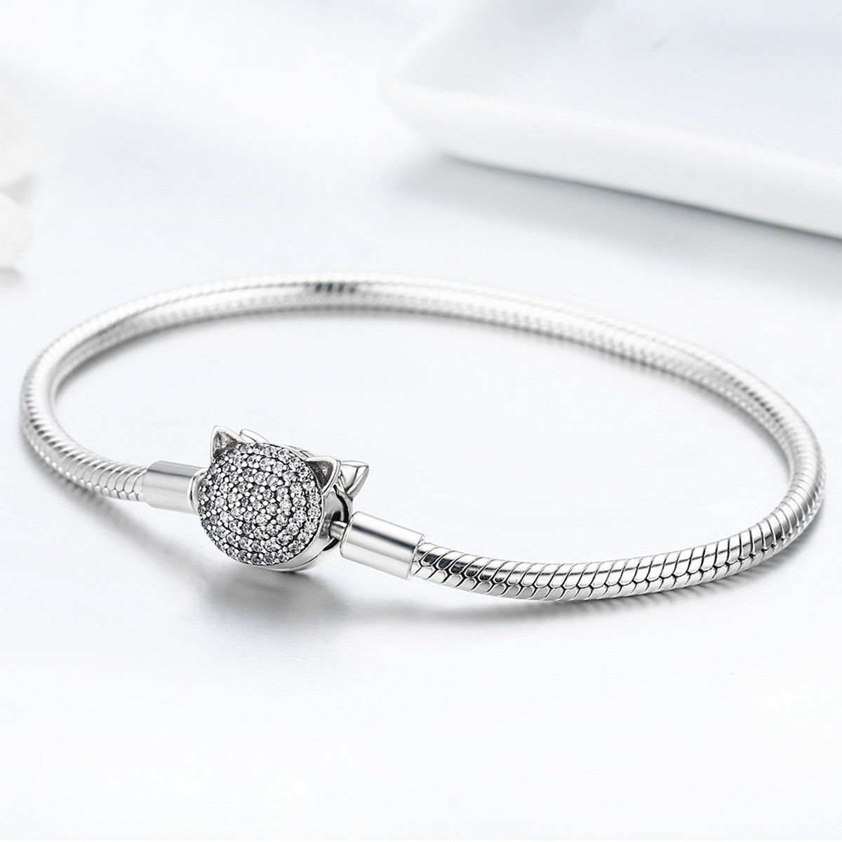 925 Sterling Silver Bracelet with Cat Head Charm, 17cm for Women