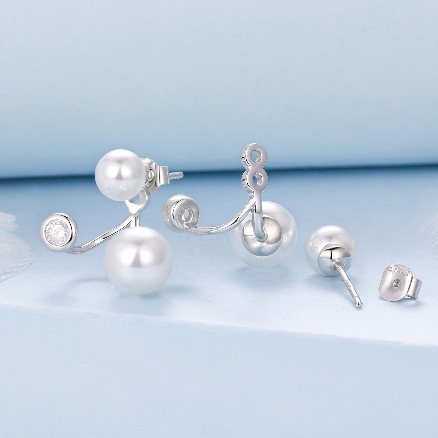 925 Sterling Silver Earrings with CZ and Synthetic Pearl, 1.7cm, White Gold Plated for Women