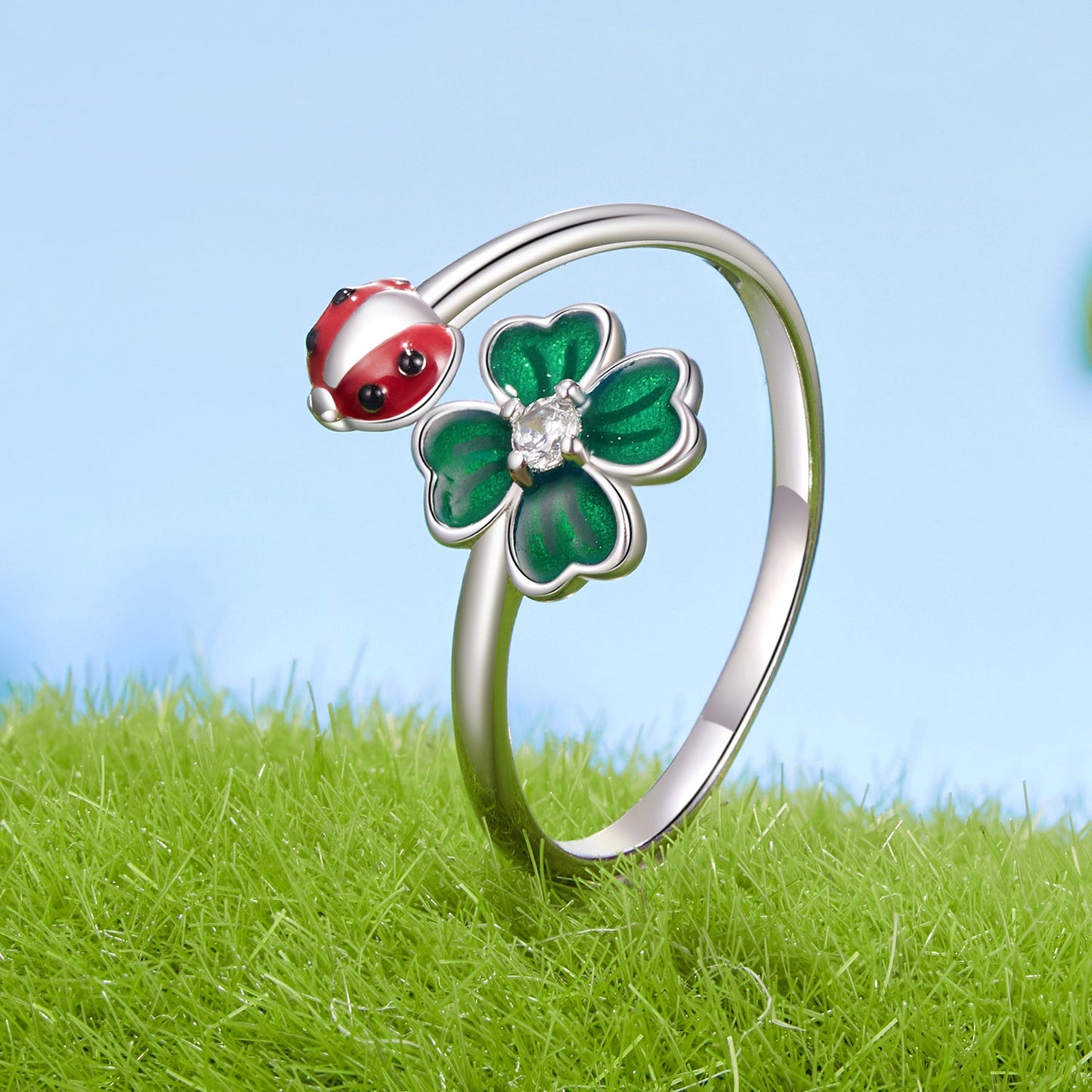 925 Sterling Silver Ladybug Four-leaf Clover Ring for Women