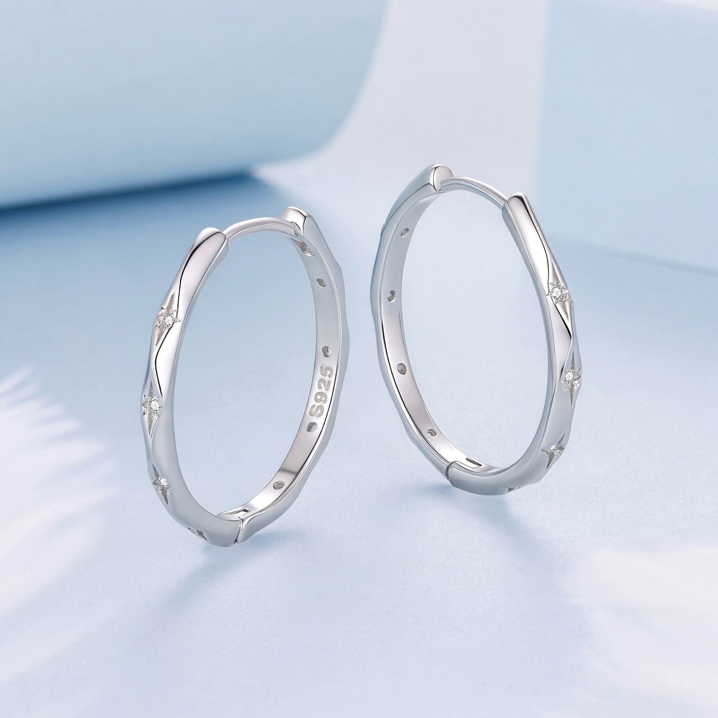 925 Sterling Silver White Gold Plated Hoop Earrings with CZ - 2.0cm