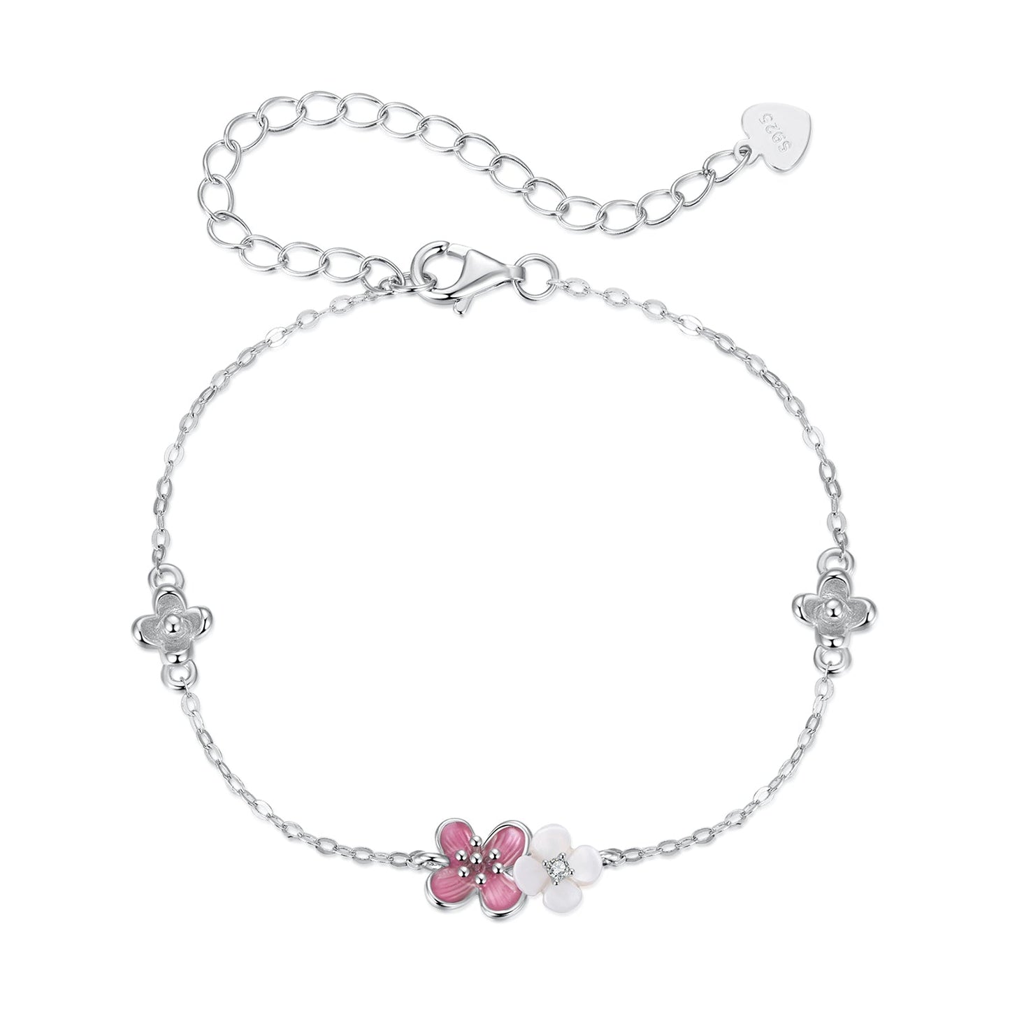 925 Sterling Silver Enamel Charm Bracelet with Pavé CZ, 15+6cm for Women