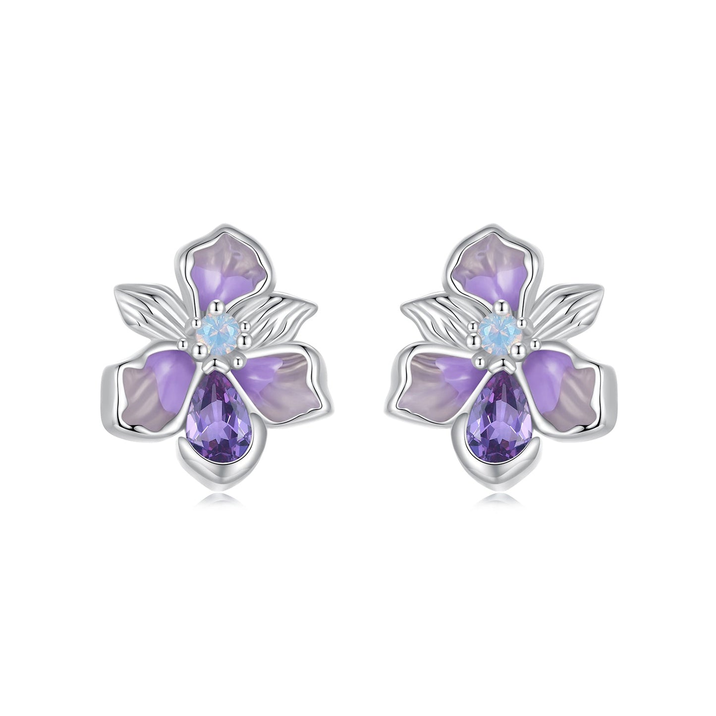 925 Sterling Silver Earrings with Nano Opal Stone and CZ, White Gold Plated, 0.7cm, for Women
