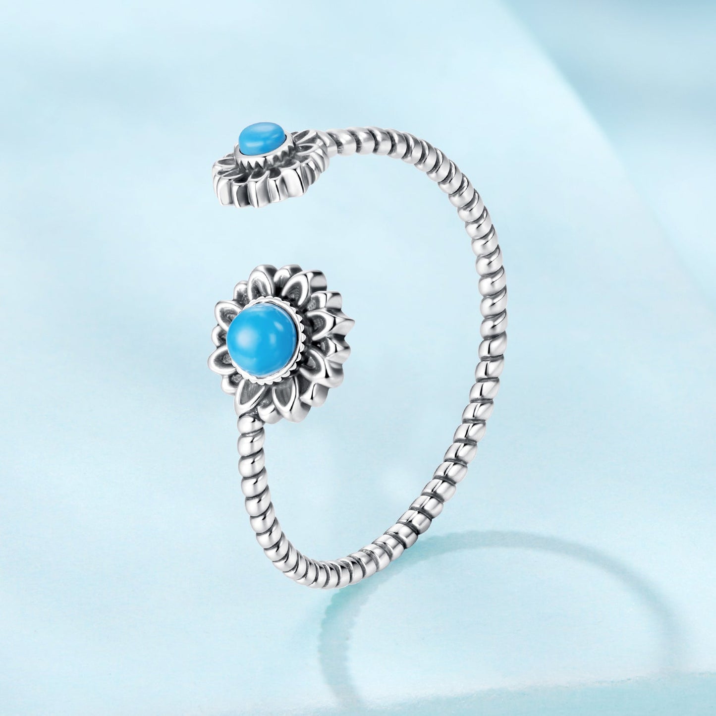 925 Sterling Silver Synthetic Turquoise Ring for Women - Oxidized Silver, Width: 0.12cm, Size: 0.5-0.7cm