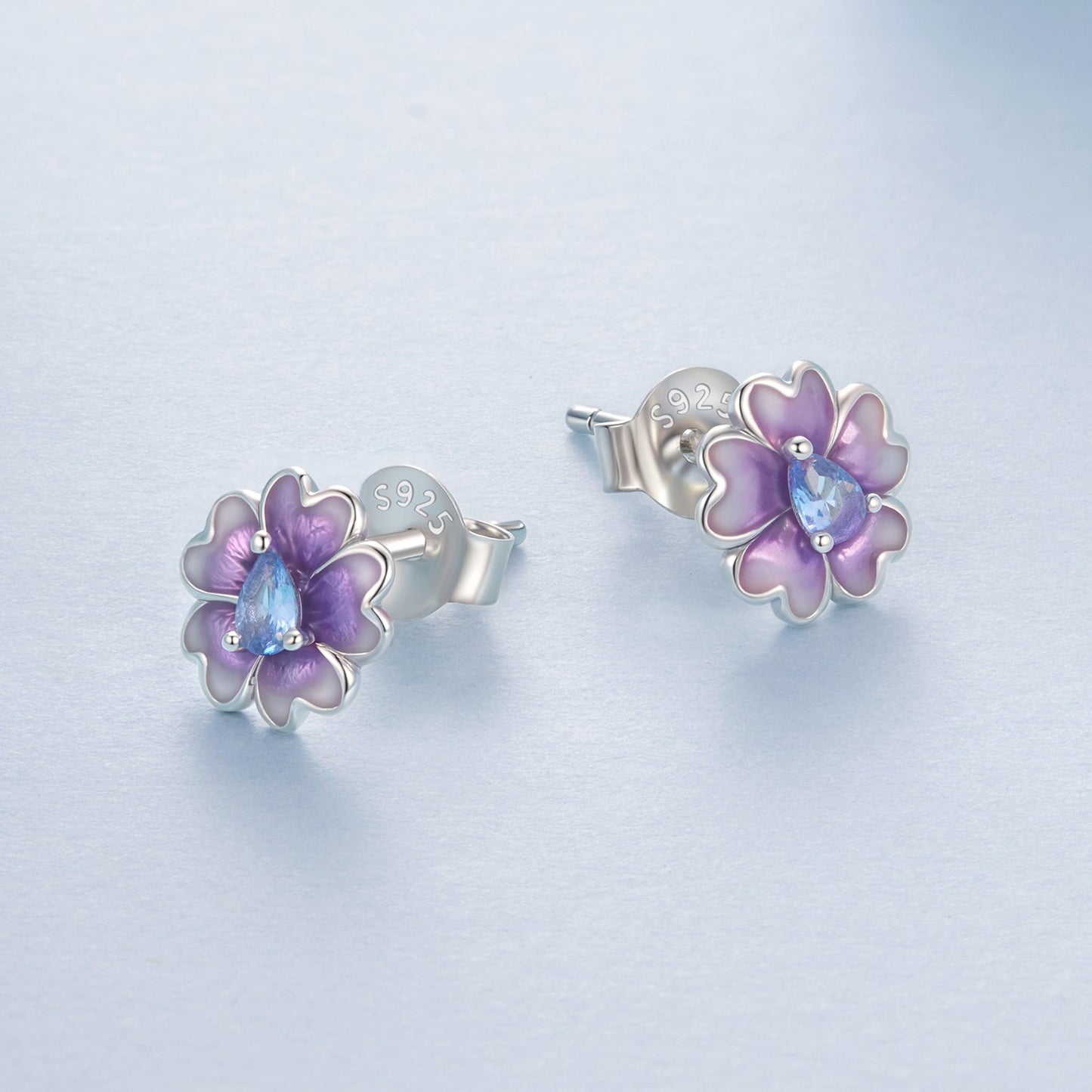925 Sterling Silver Earrings with Pavé CZ and Enamel Process, 0.8cm, White Gold Plated for Women