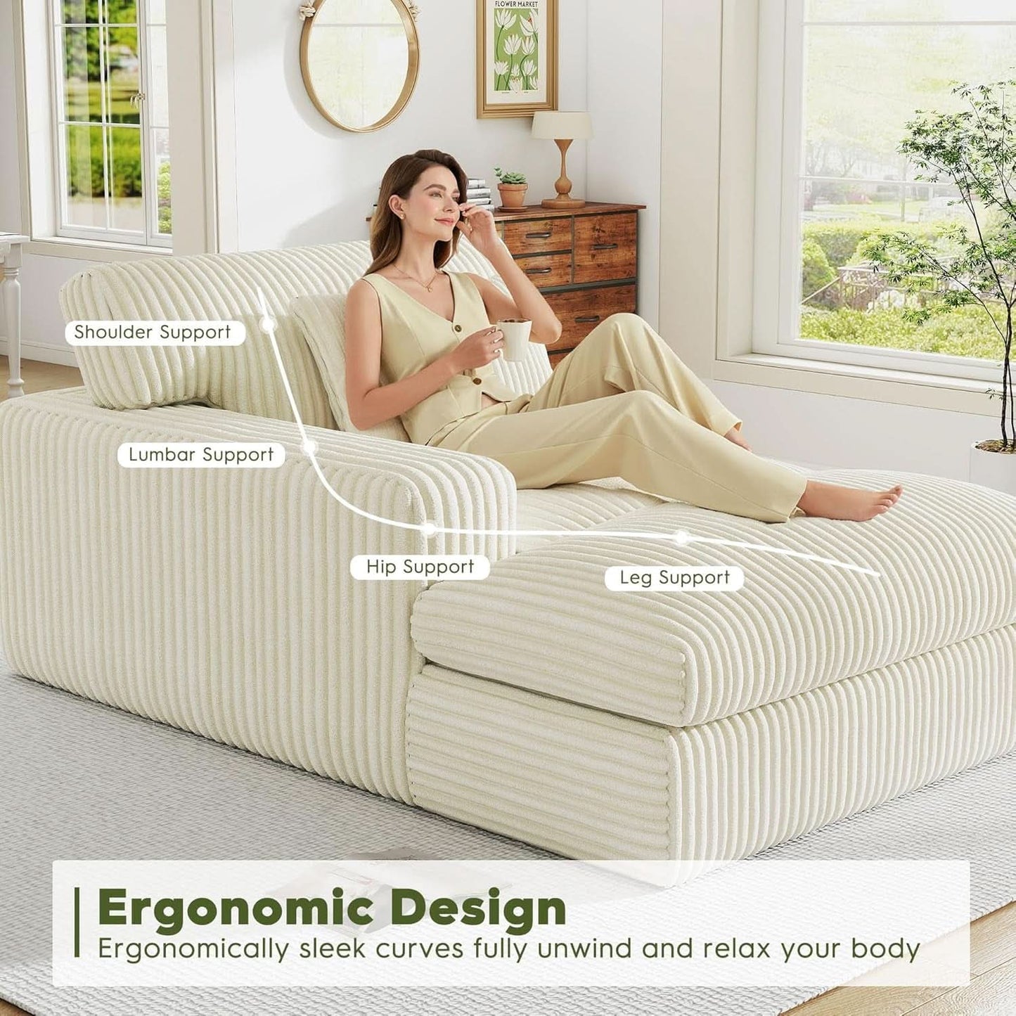 Oversized Corduroy Chaise Lounge Chair Snow White Plush