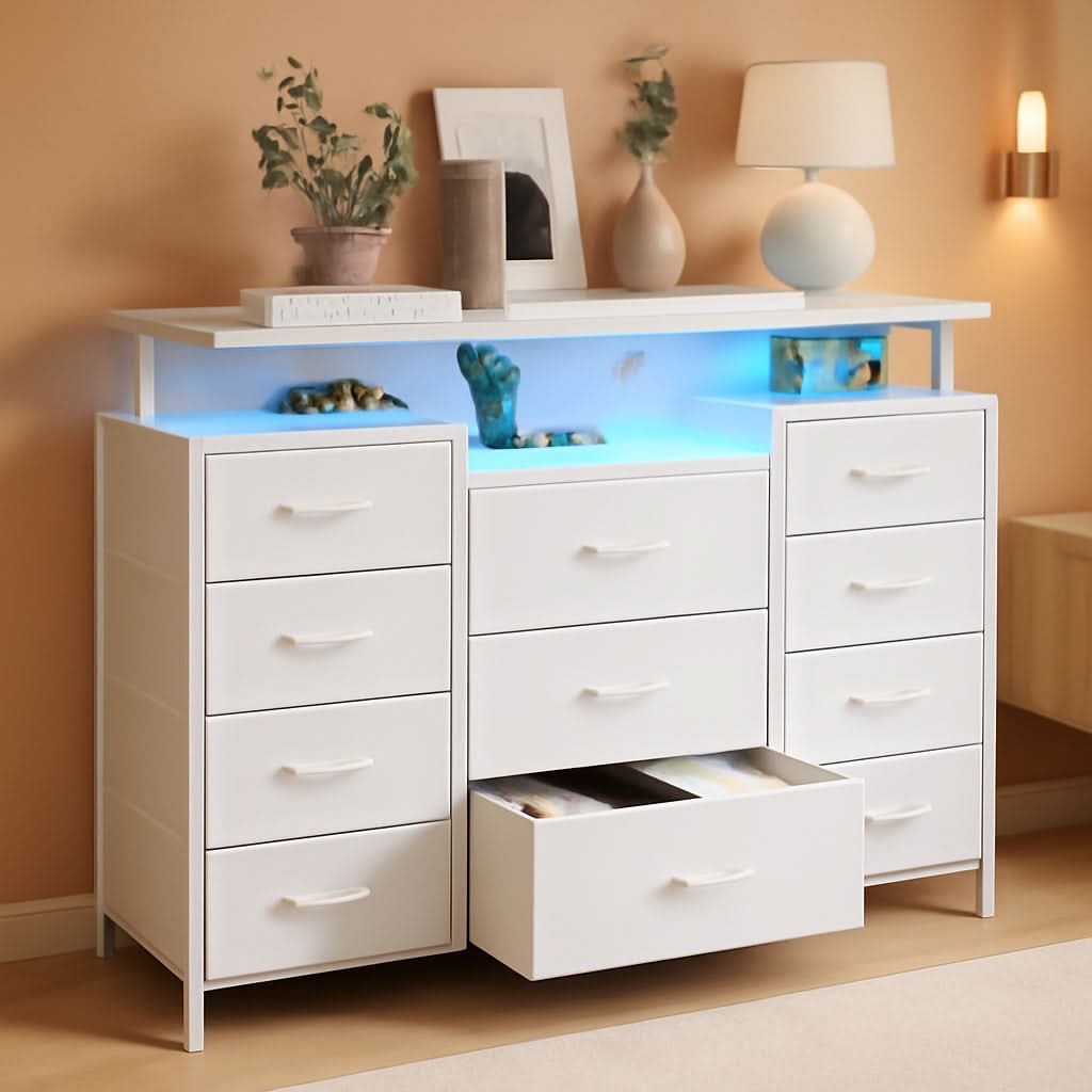 11 Drawer Dresser With Fabric Drawers And Charging Station For Bedroom Storage And Organization