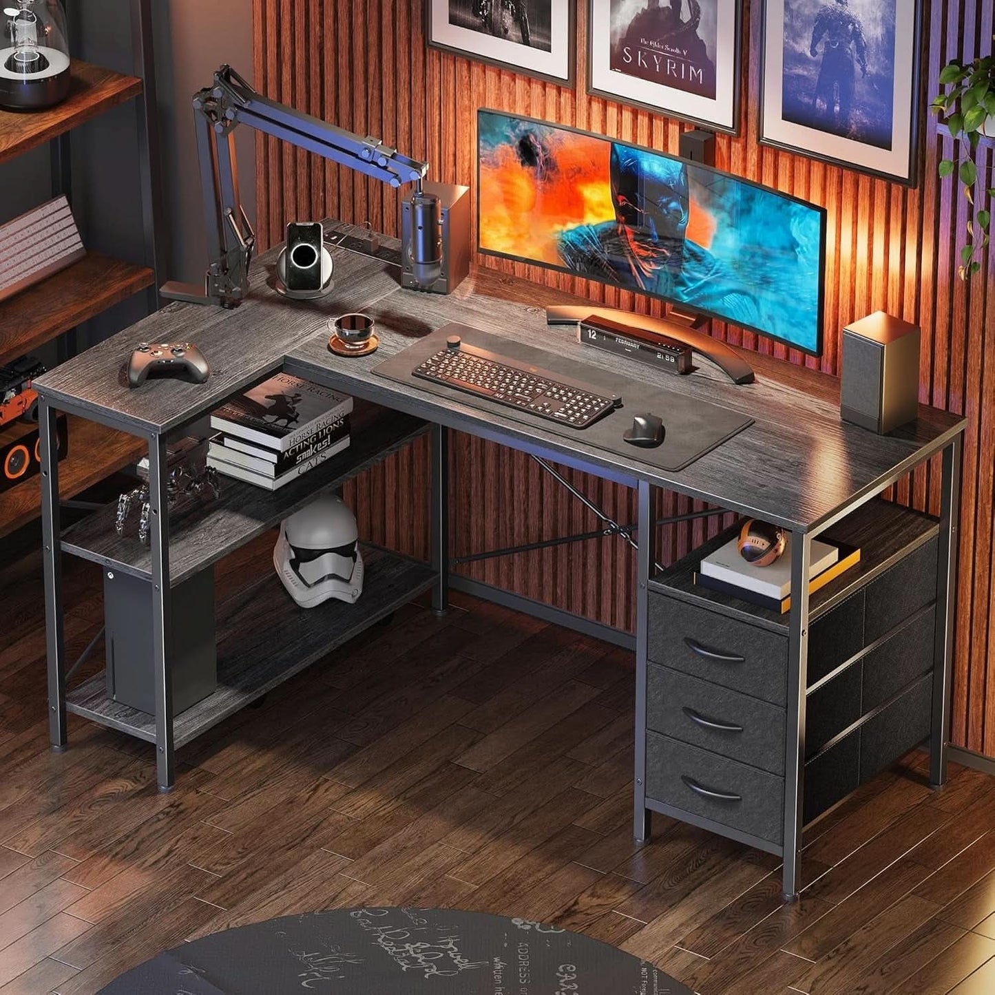 47 Inch L Shaped Desk With Power Outlets And 3 Drawers Grey