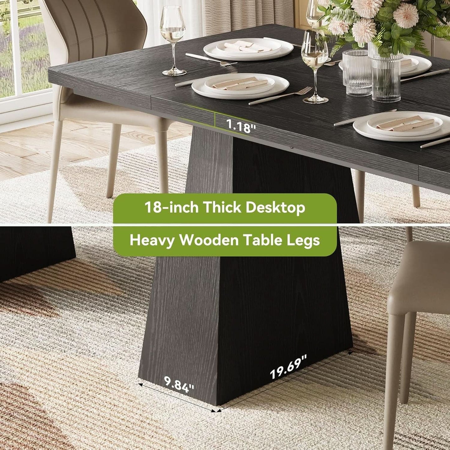 Wooden Dining Table for 6 with Heavy Duty Legs Black