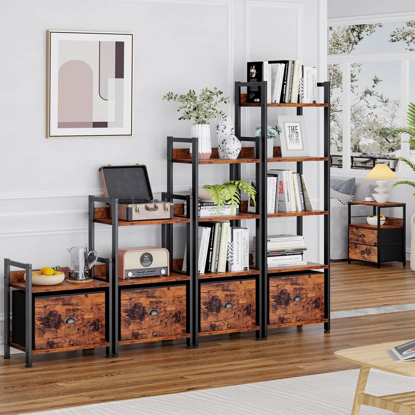 5 Tier Bookshelf With Drawer Tall Narrow Wood Bookcase