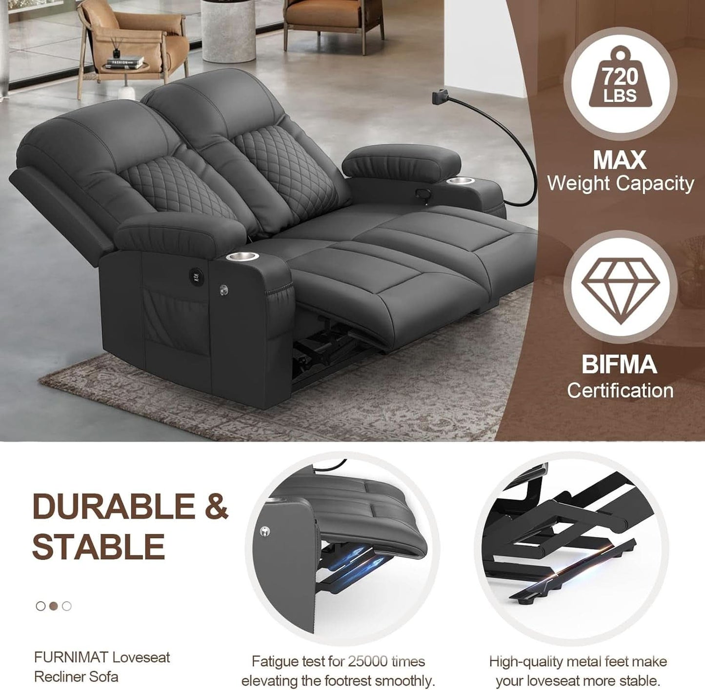 Gray PU Leather Two Seater Recliner Loveseat With USB Ports