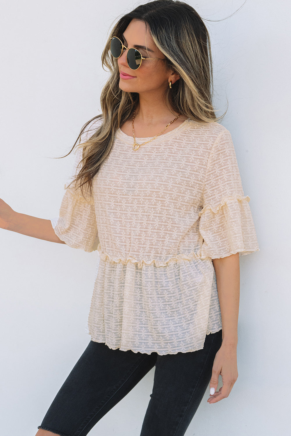 Oaklyn Textured Ruffled Short Sleeve Blouse