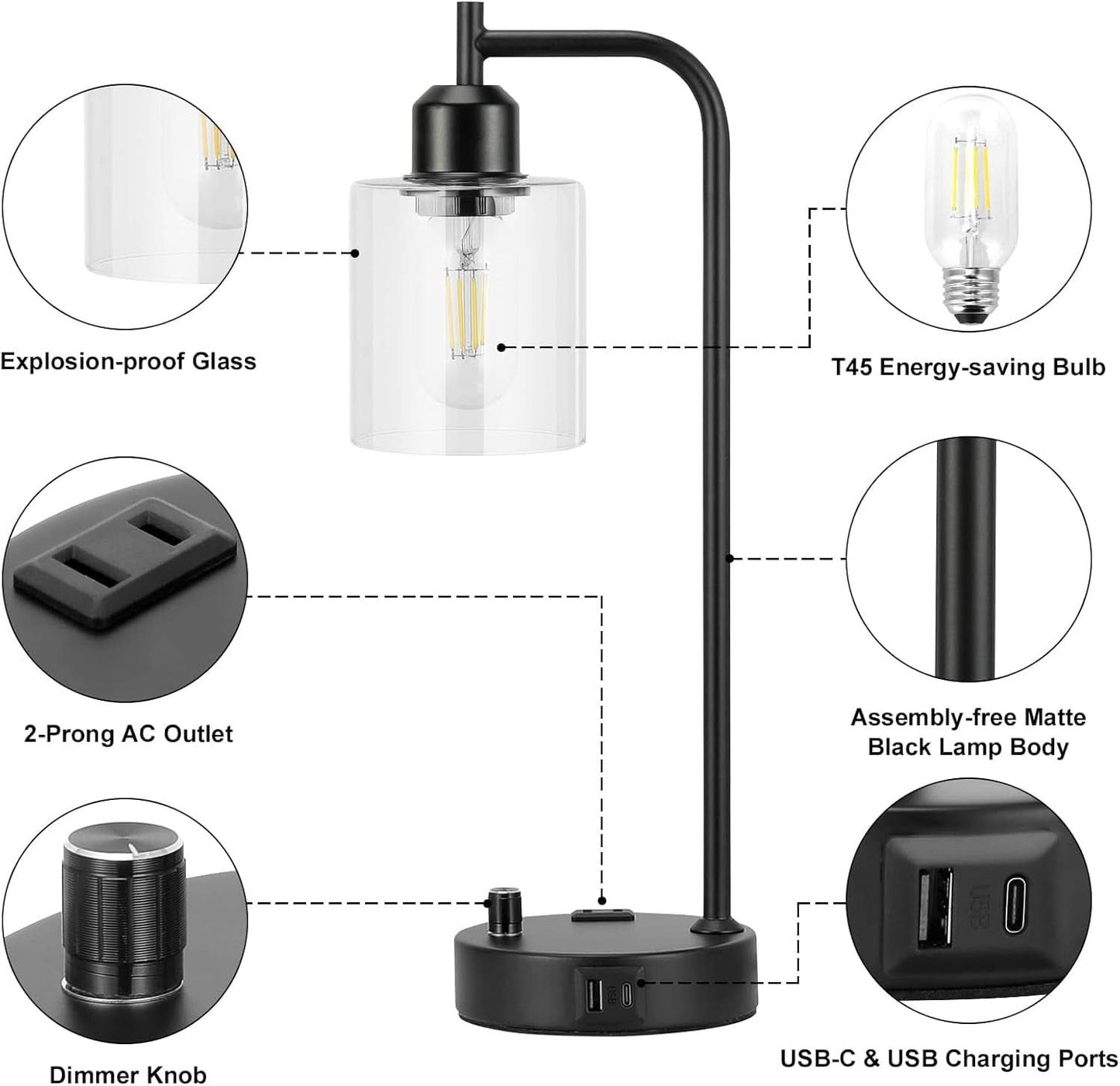 Industrial Nightstand Lamps Set of 2 Dimmable USB C Ports
