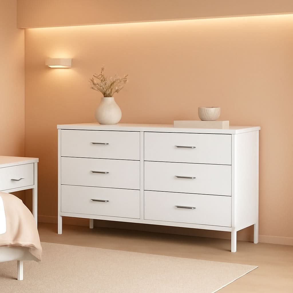 White Premium Fabric Dresser With Six Drawers And Wood Top