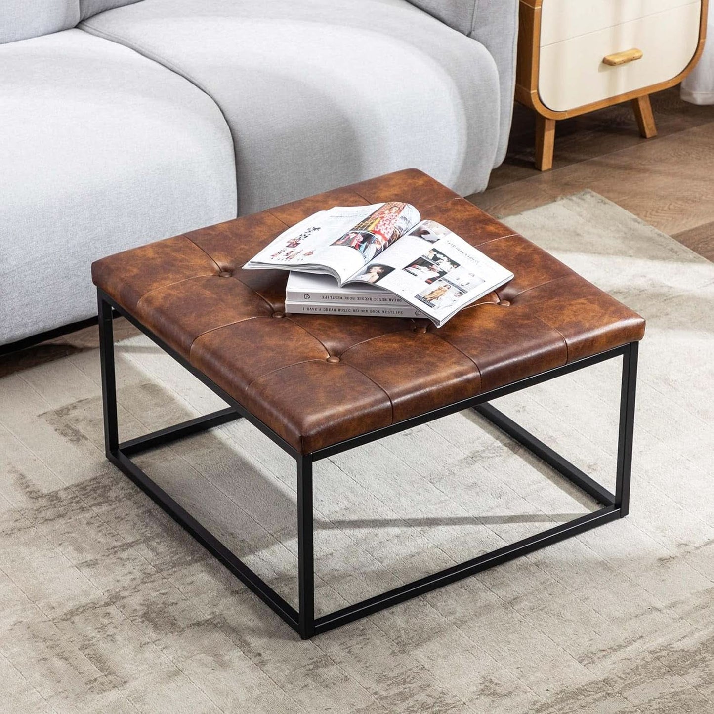 Yellowish-Brown Faux Leather Ottoman Coffee Table Sturdy
