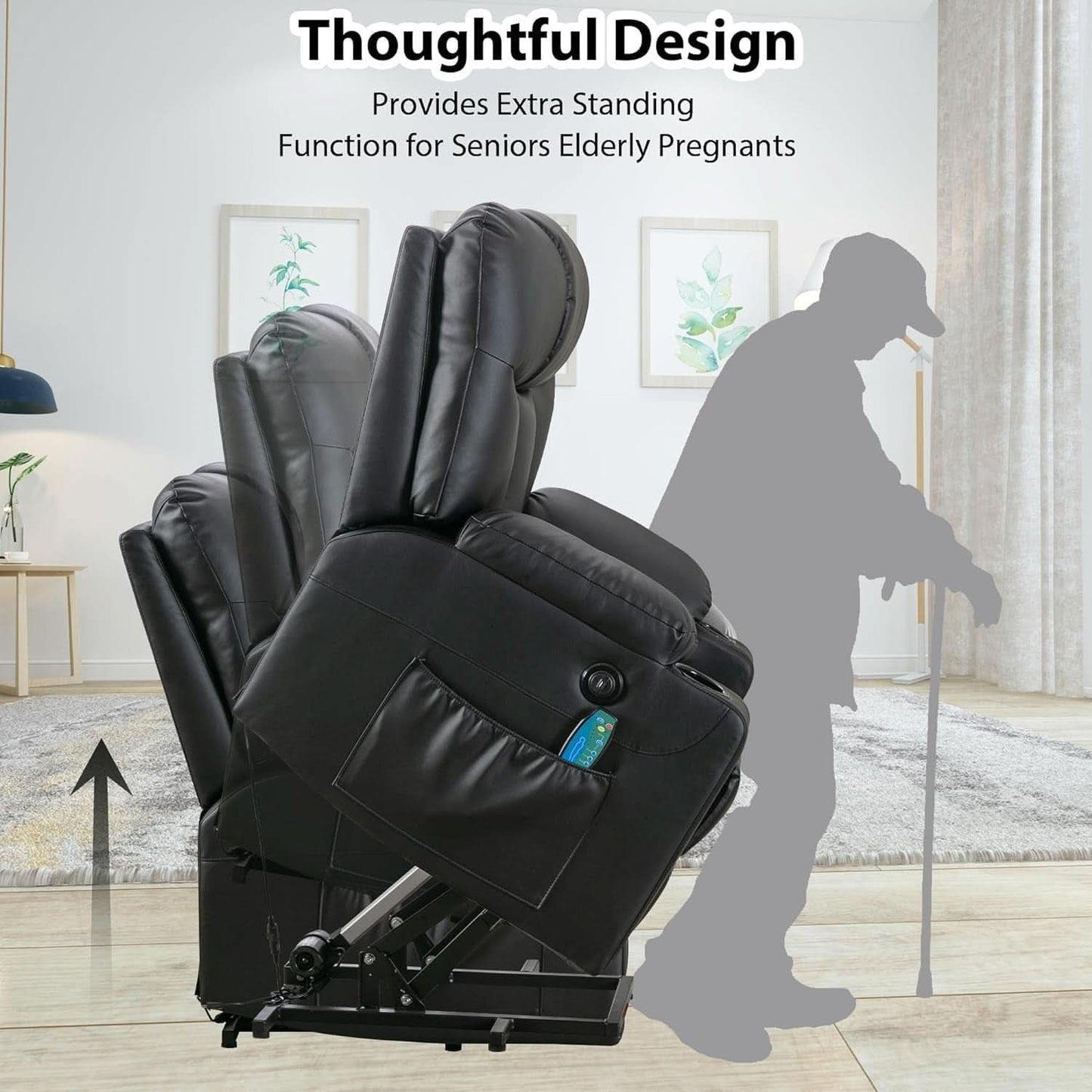 Wide Leather Recliner With Power Lift And Massage Heat