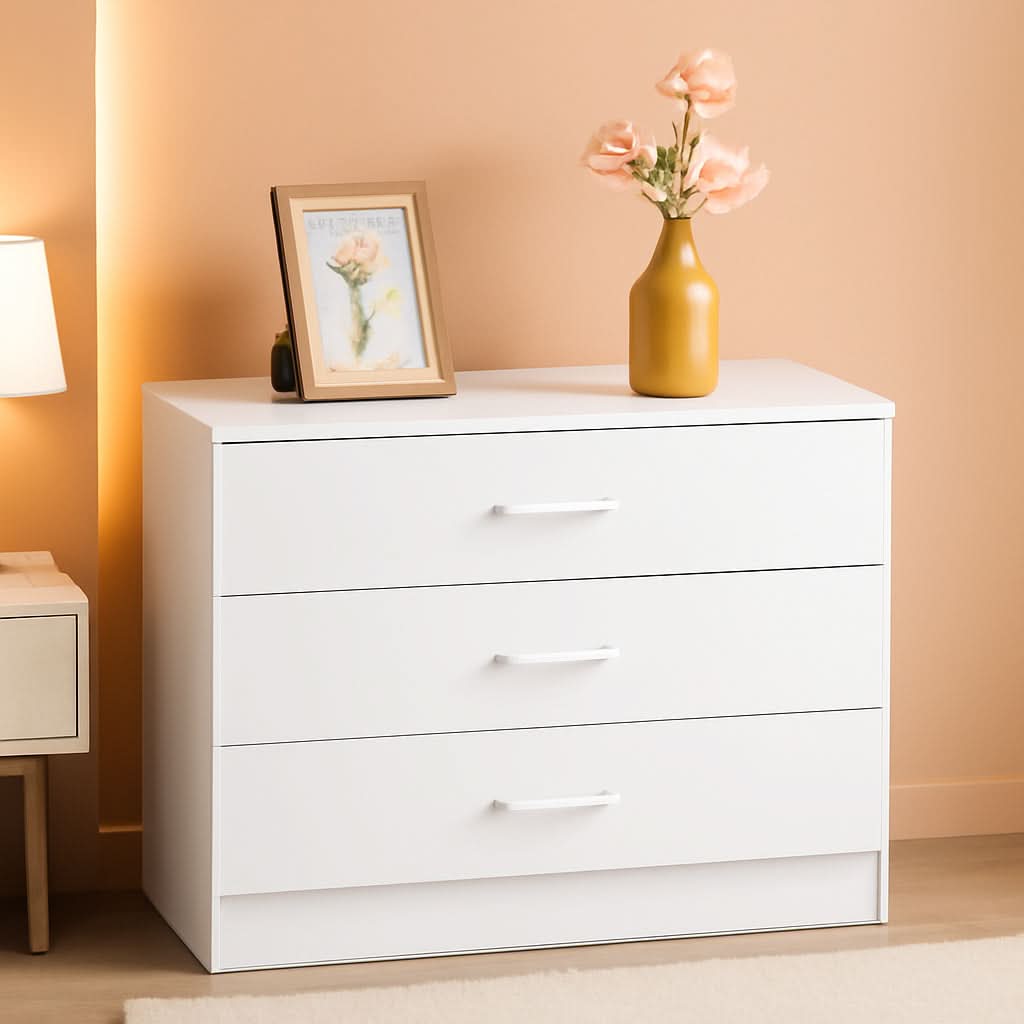 White 3 Drawer Dresser For Bedroom Modern Wooden Storage Chest