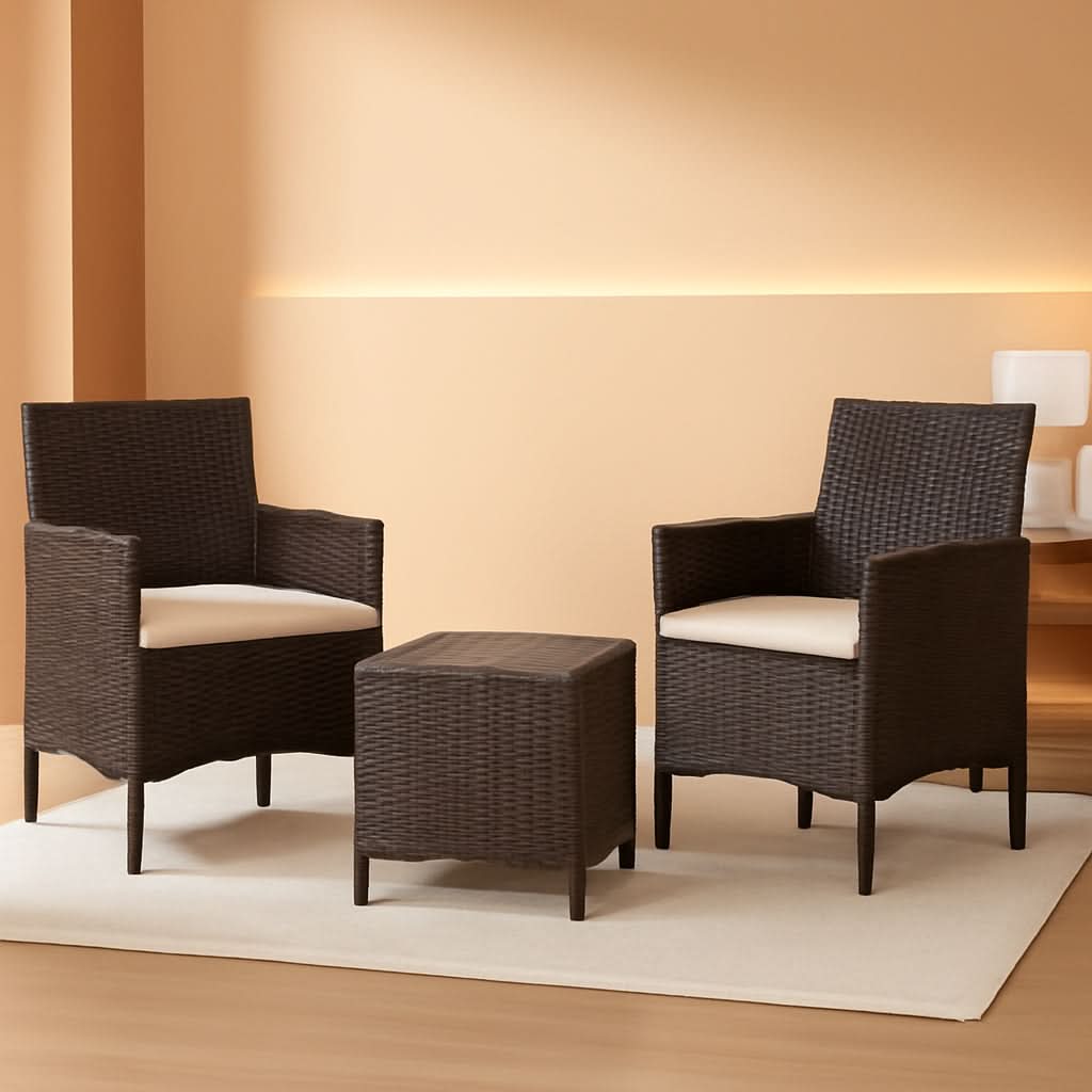 3 Piece Outdoor Rattan Furniture Set With Cushions And Glass Coffee Table Brown Beige For Garden Porch Poolside