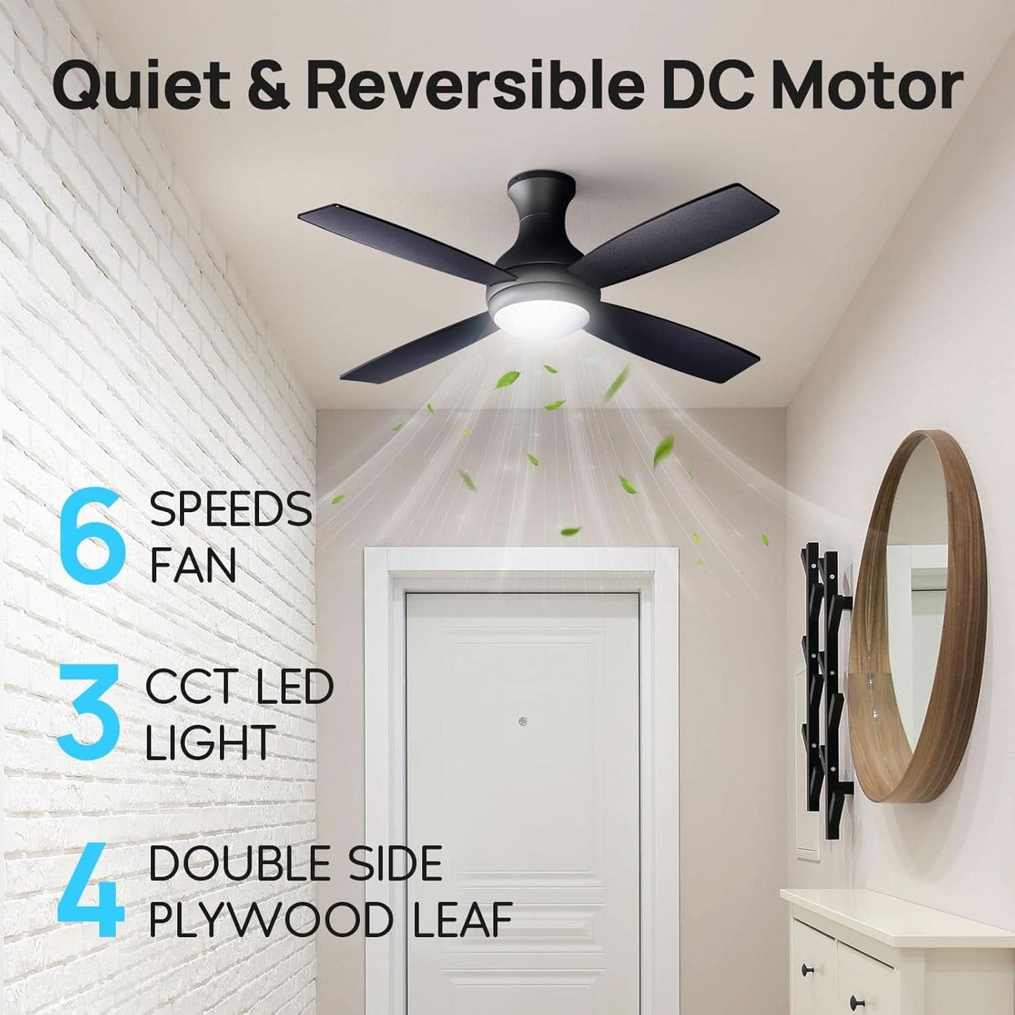52 Inch Matte Black Ceiling Fan For Living Room Space