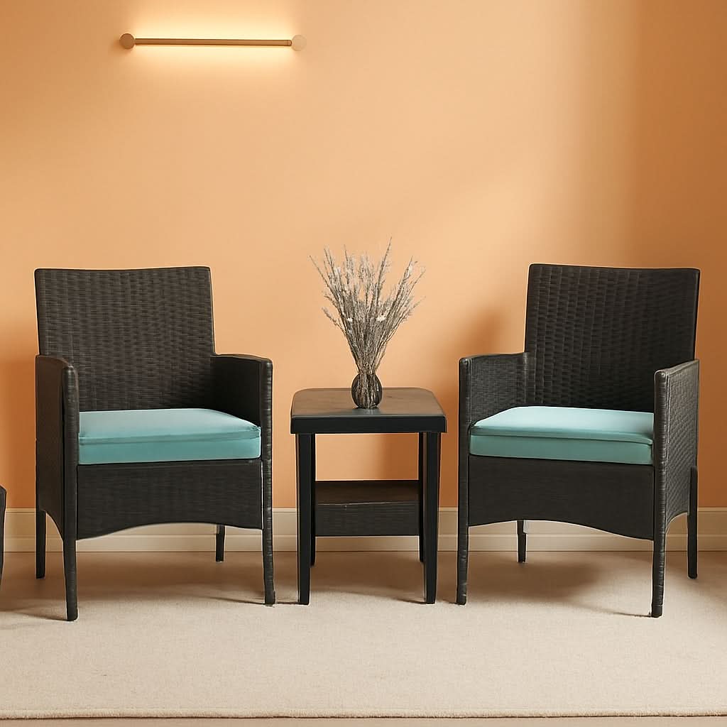 3 Piece Outdoor Patio Furniture Set With 2 Rattan Chairs And Blue Cushions For Porch And Garden