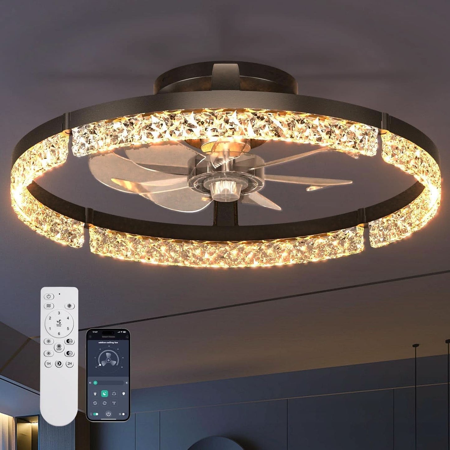 20 Inch Black Low Profile Ceiling Fan With Remote Dimmable