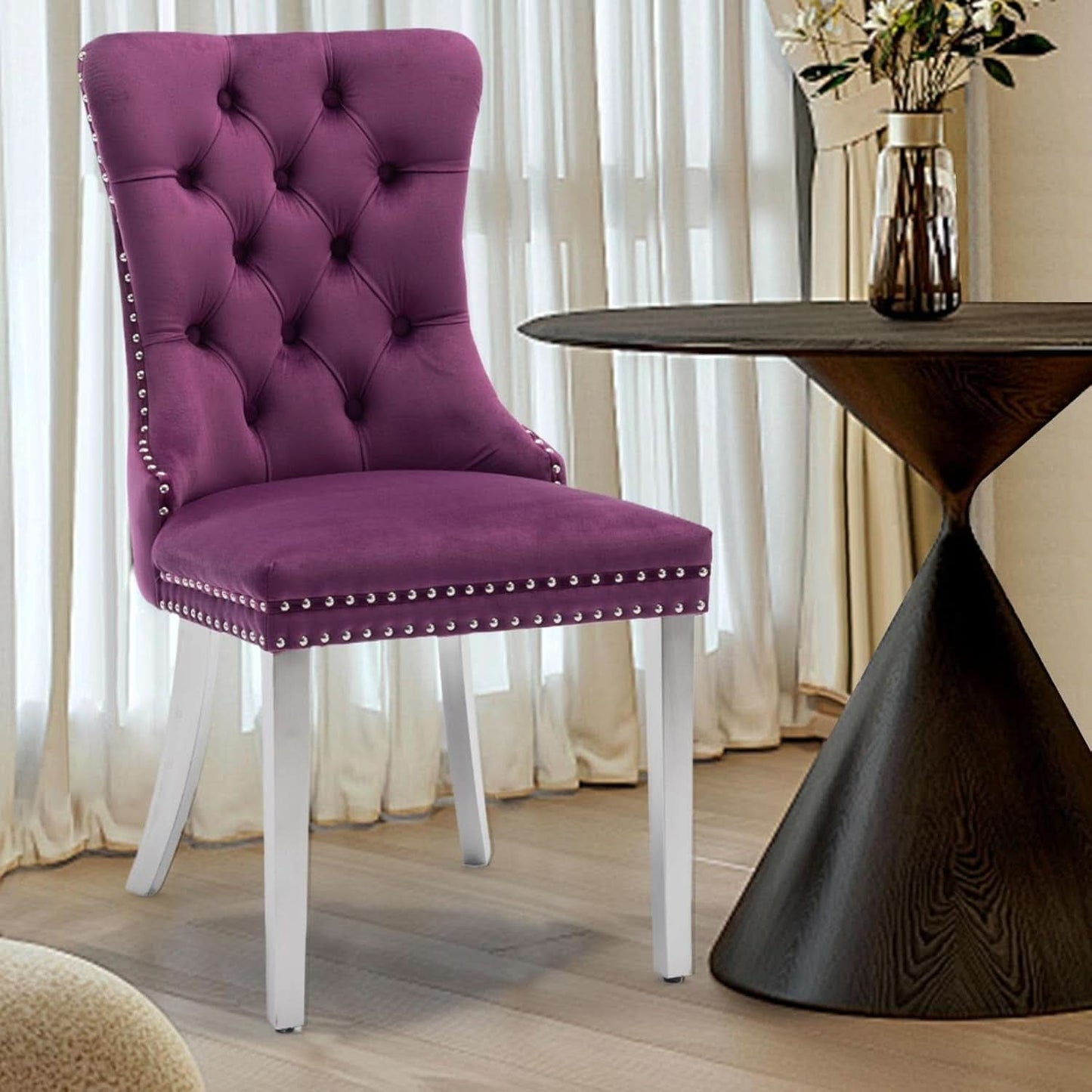 Velvet Dining Chairs Set Of 4 With Nailhead Trim And Silver Plated Legs
