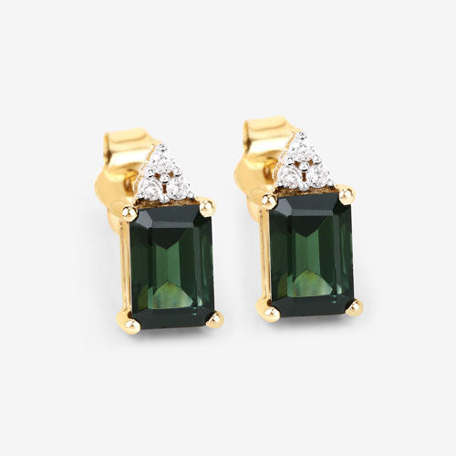 1.25 Carat Genuine Green Tourmaline and White Diamond 14K Yellow Gold Earrings
