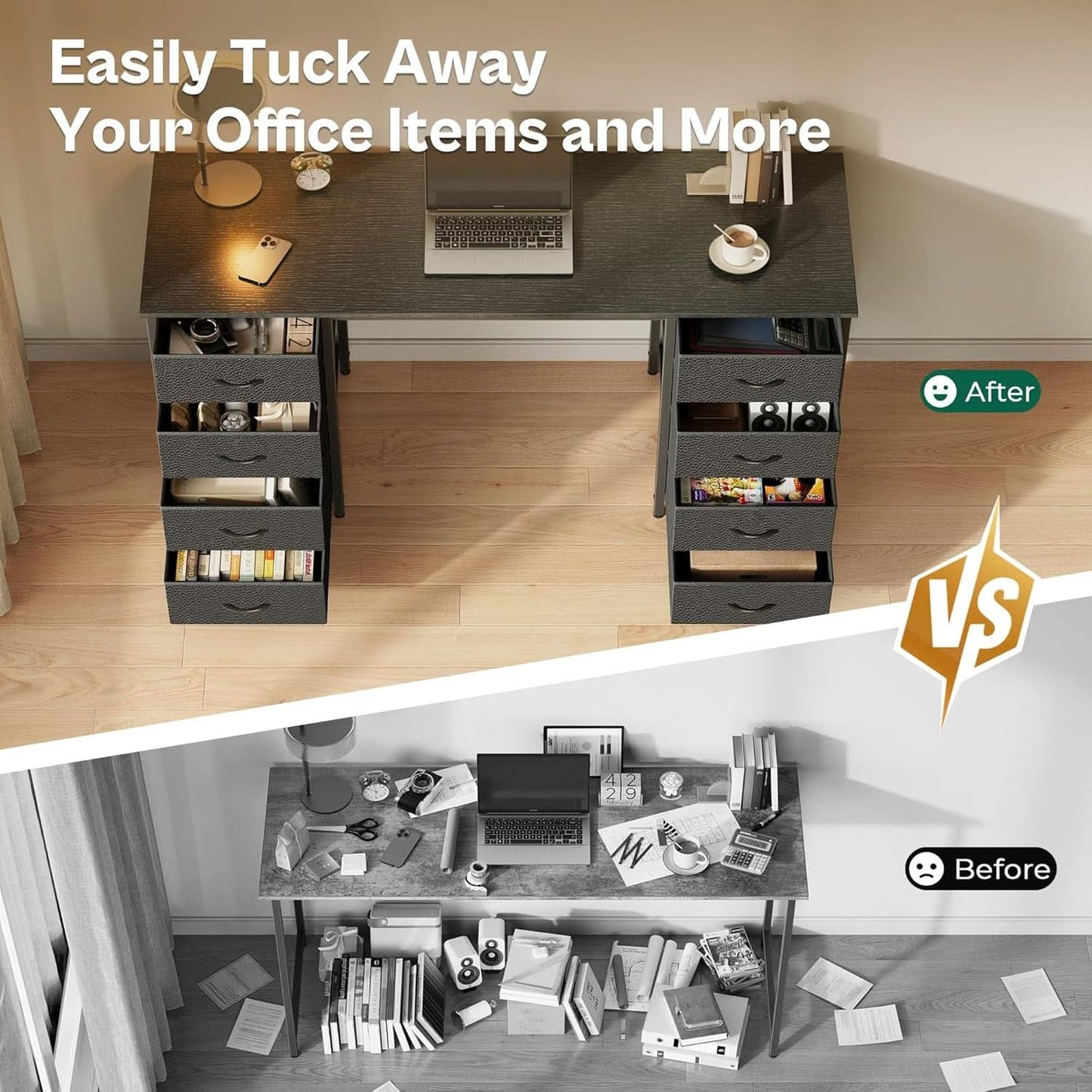 55 Inch Computer Desk With 8 Fabric Drawers For Home Office