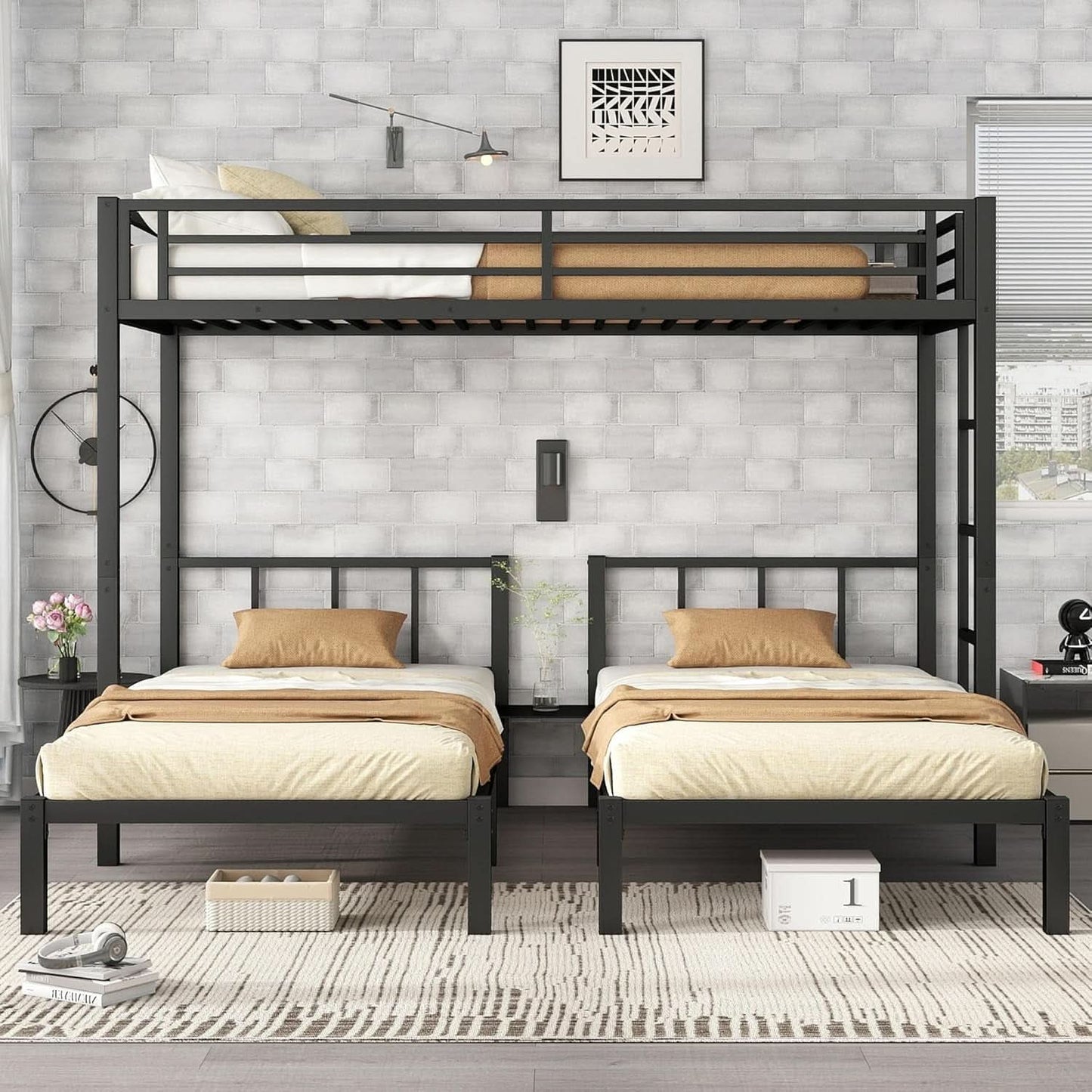 Triple Bunk Bed For Kids Metal Twin Over Twin Black