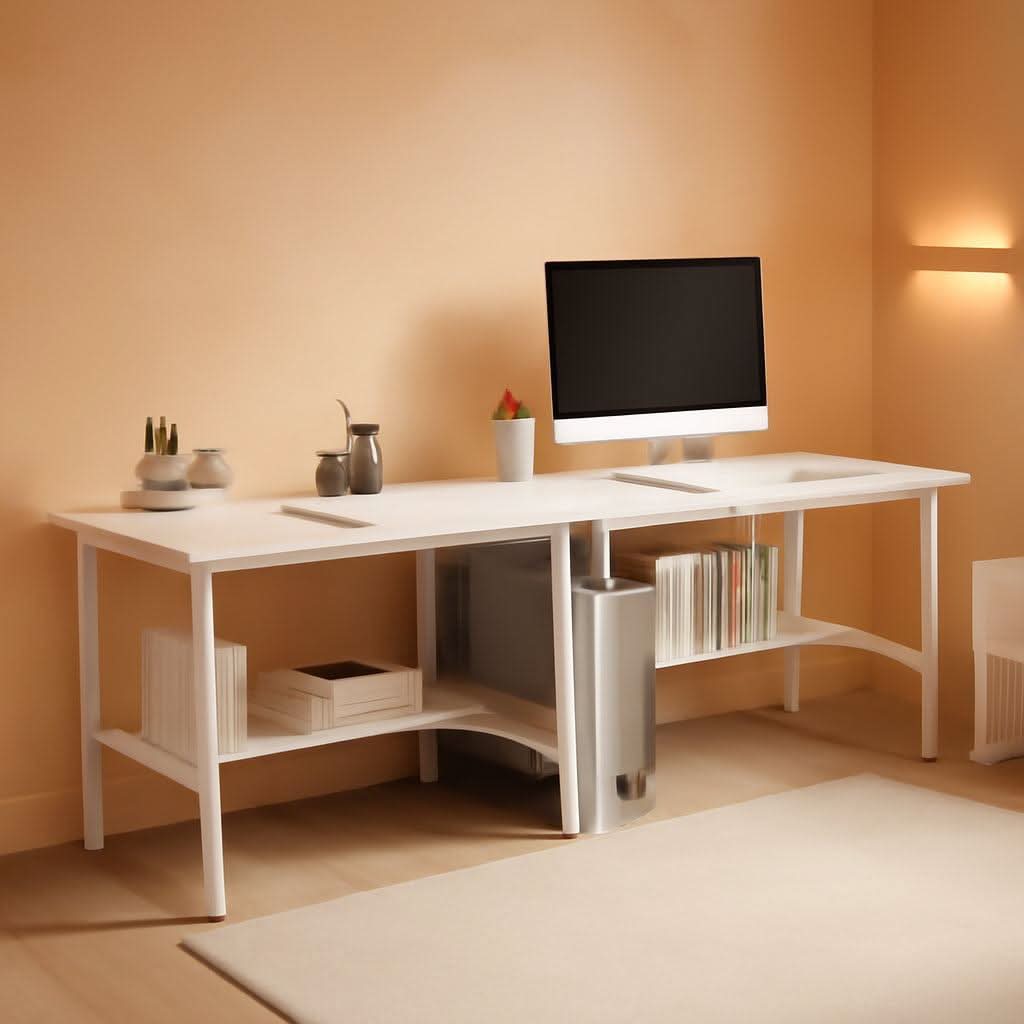 Two Person Desk With BuiltIn Bookshelf 79Inch White