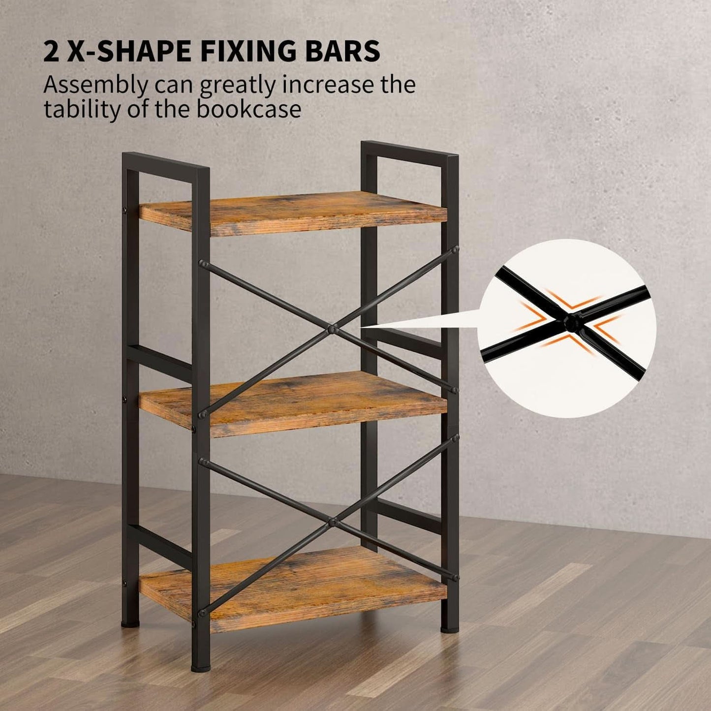 Rustic Brown 3 Tier Metal Bookshelf For Living Room