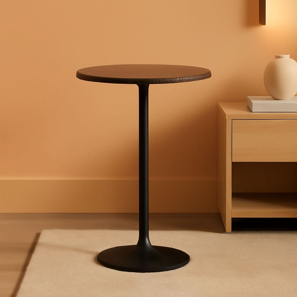 Round Pub Table With Faux Marble Top And Black Metal Base