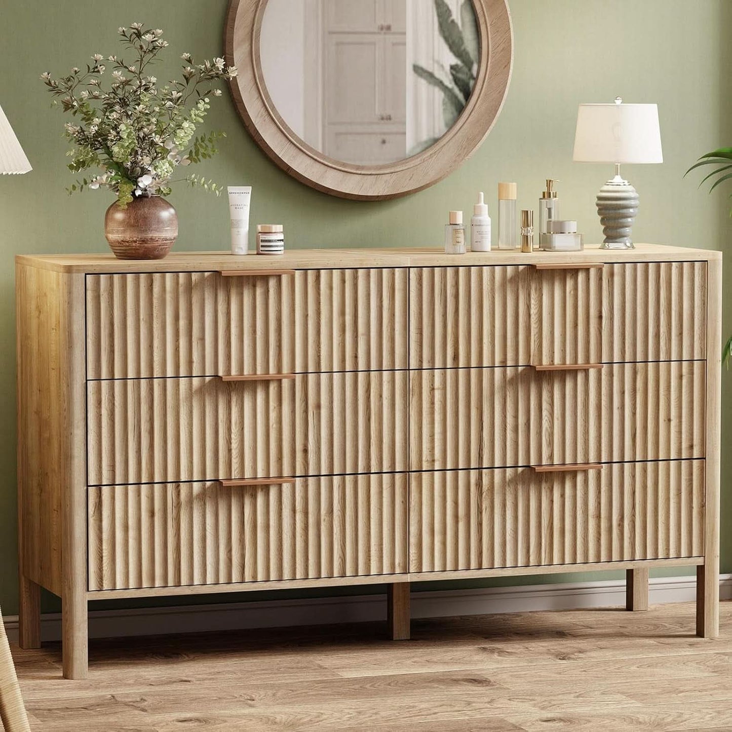 Solid Oak 55 Inch Wide Dresser With Six Drawers For Bedroom