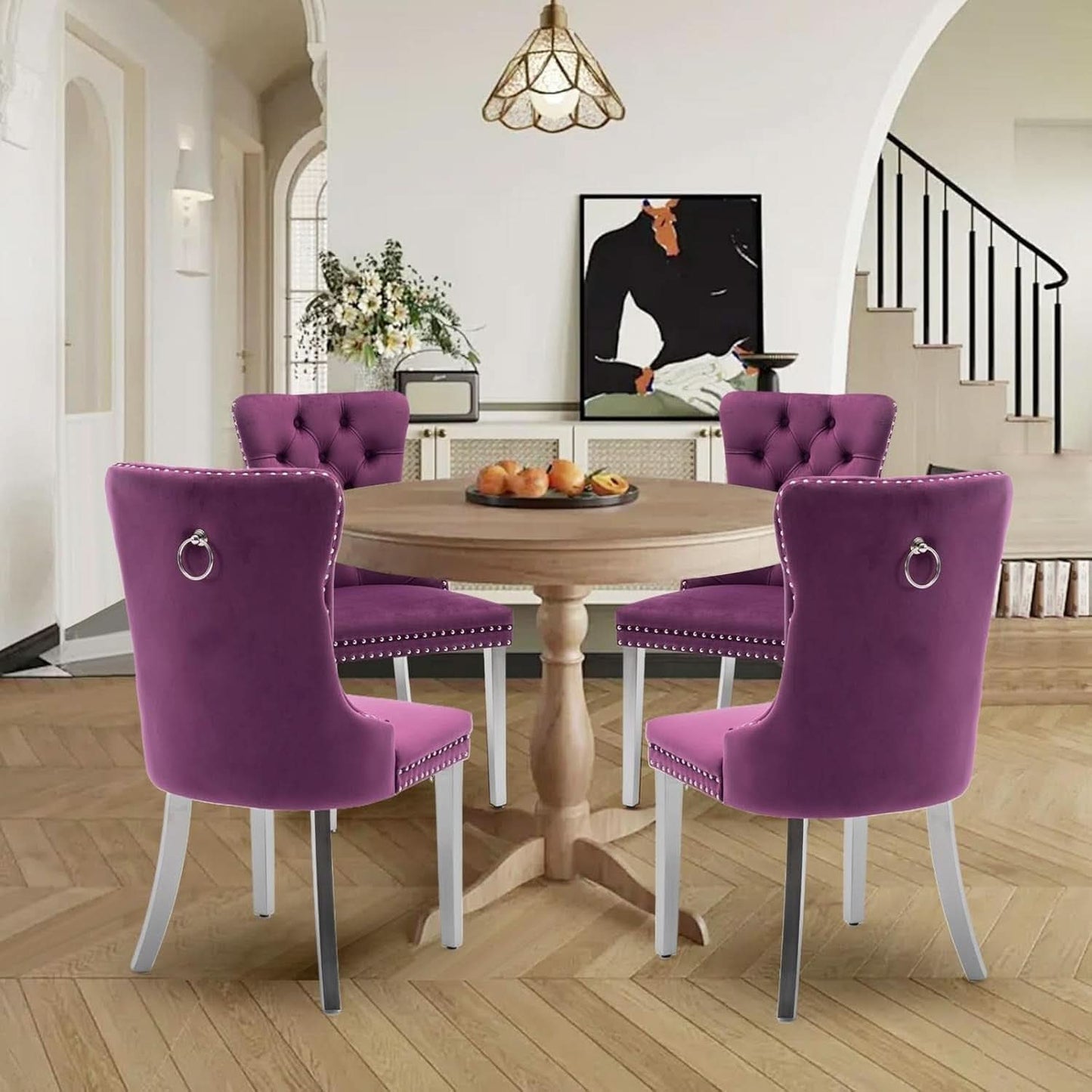 Velvet Dining Chairs Set Of 4 With Nailhead Trim And Silver Plated Legs