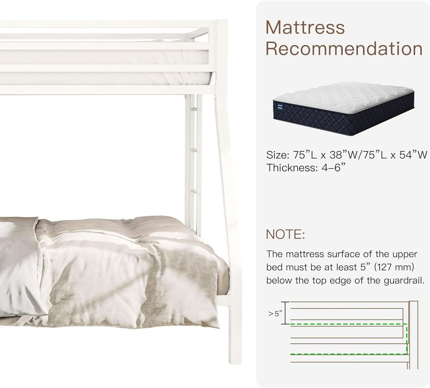 Metal Loft Bunk Bed Twin Over Full Size With Guardrail And Ladder Cream White